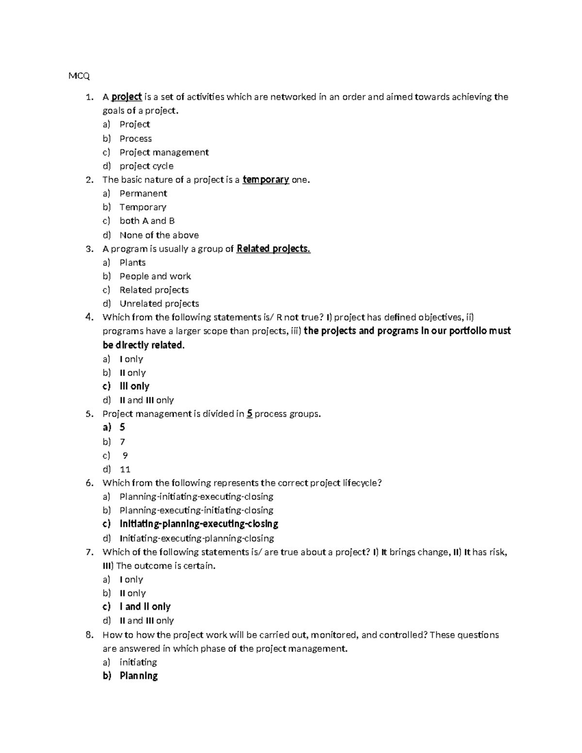 MCQ on Project Management Concepts - MCQ-BPM - Studocu