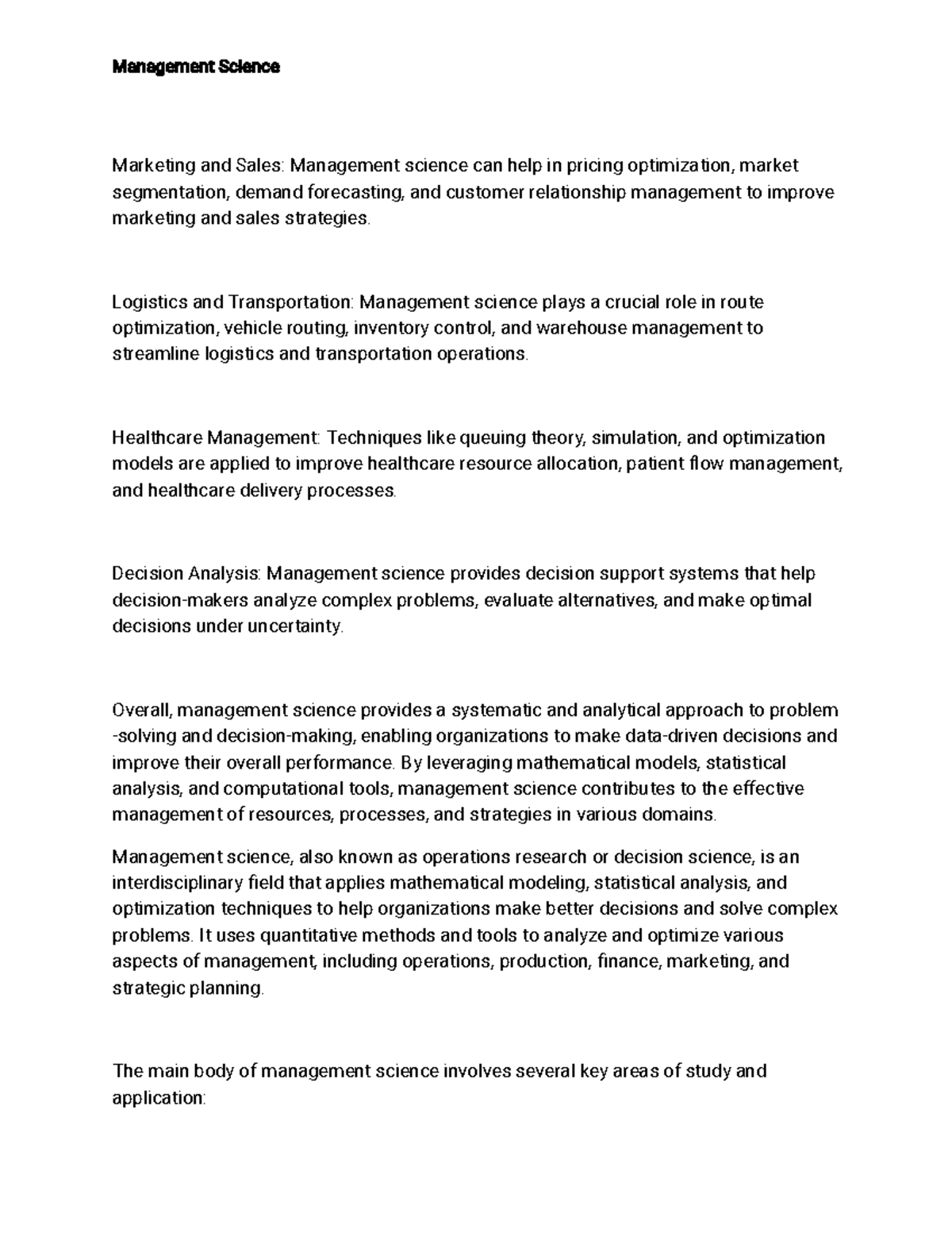 Management Science Overview: Key Areas & Applications - MGMT-7 - Studocu