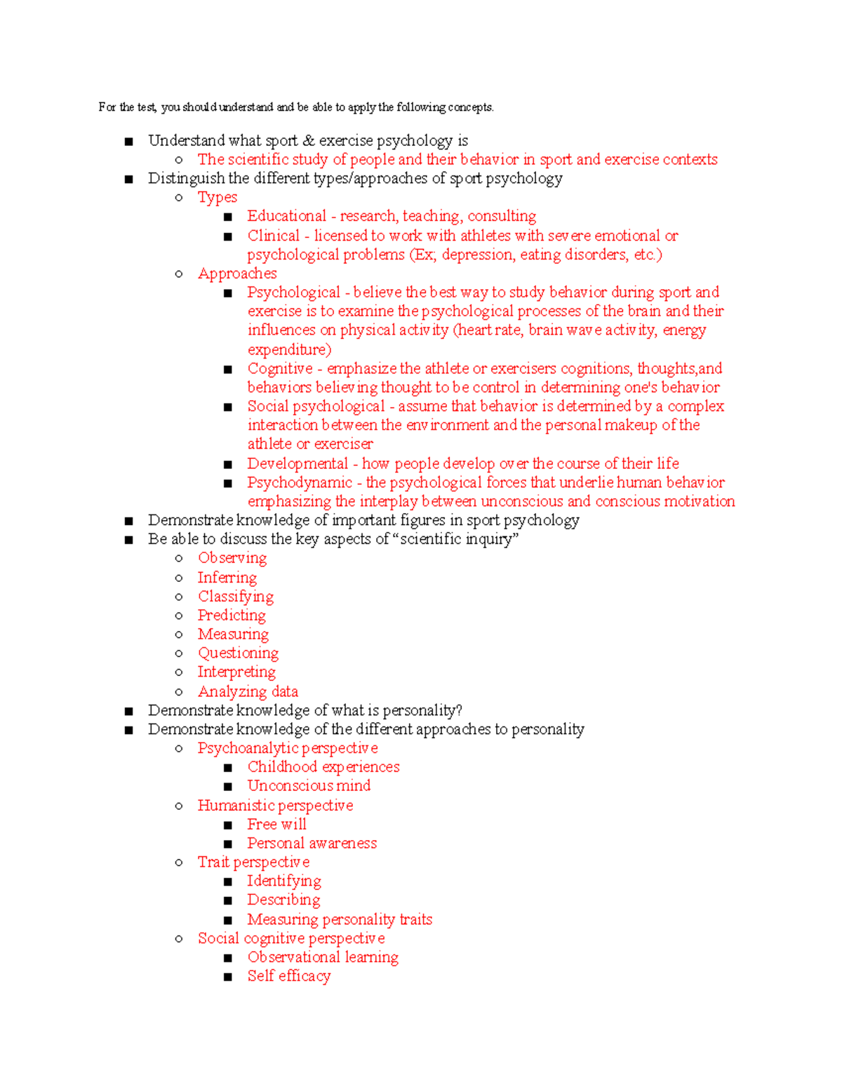 Kin 101 Study Guide: Key Concepts in Sport & Exercise Psychology - Studocu
