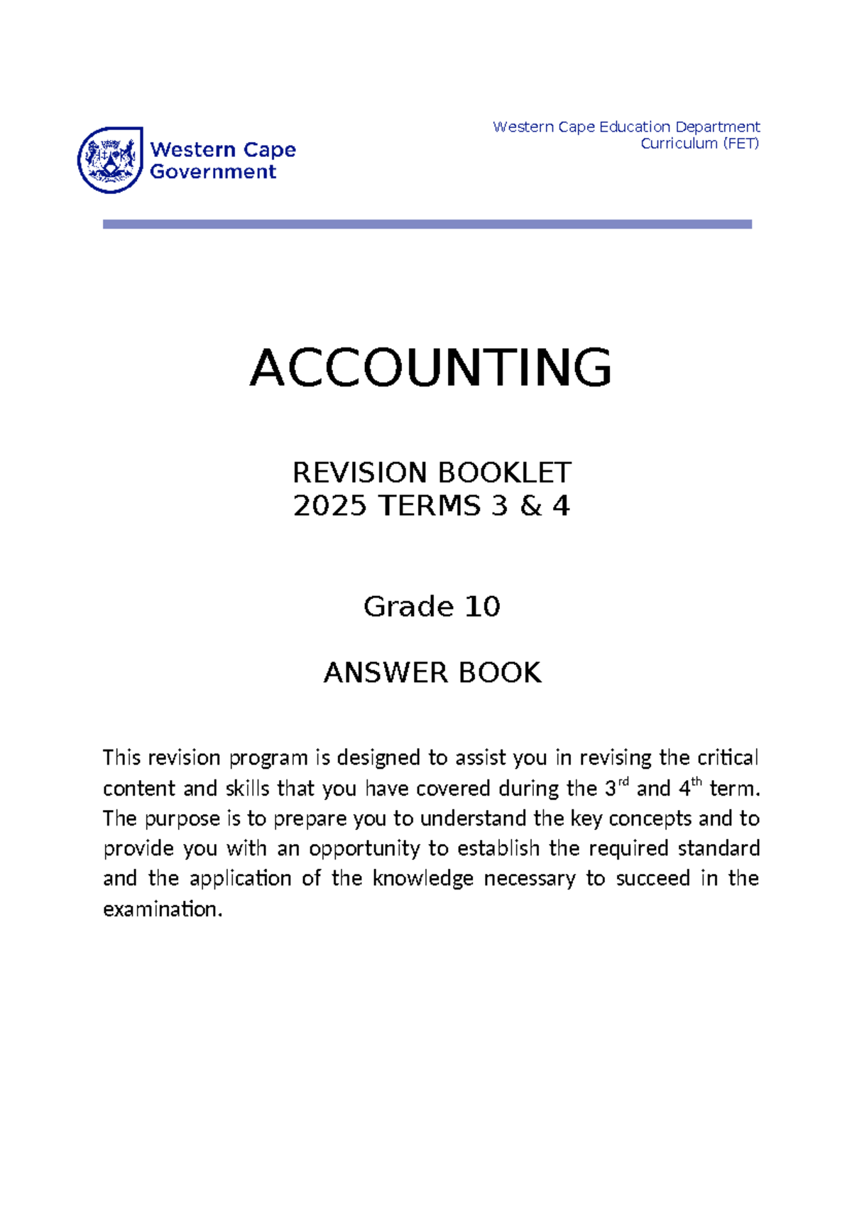 Gr 10 Accounting (FET) 2025 Term 3 & 4 Revision Answer Booklet - Studocu