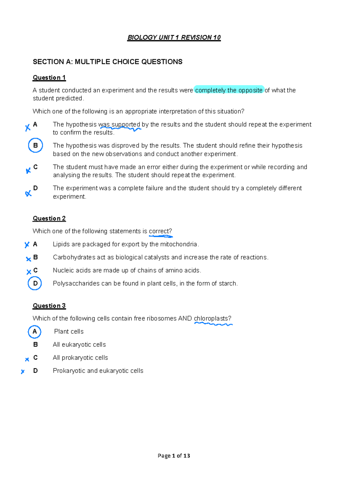 Biology UNIT 1 Revision 10: MCQ Practice Questions - Studocu