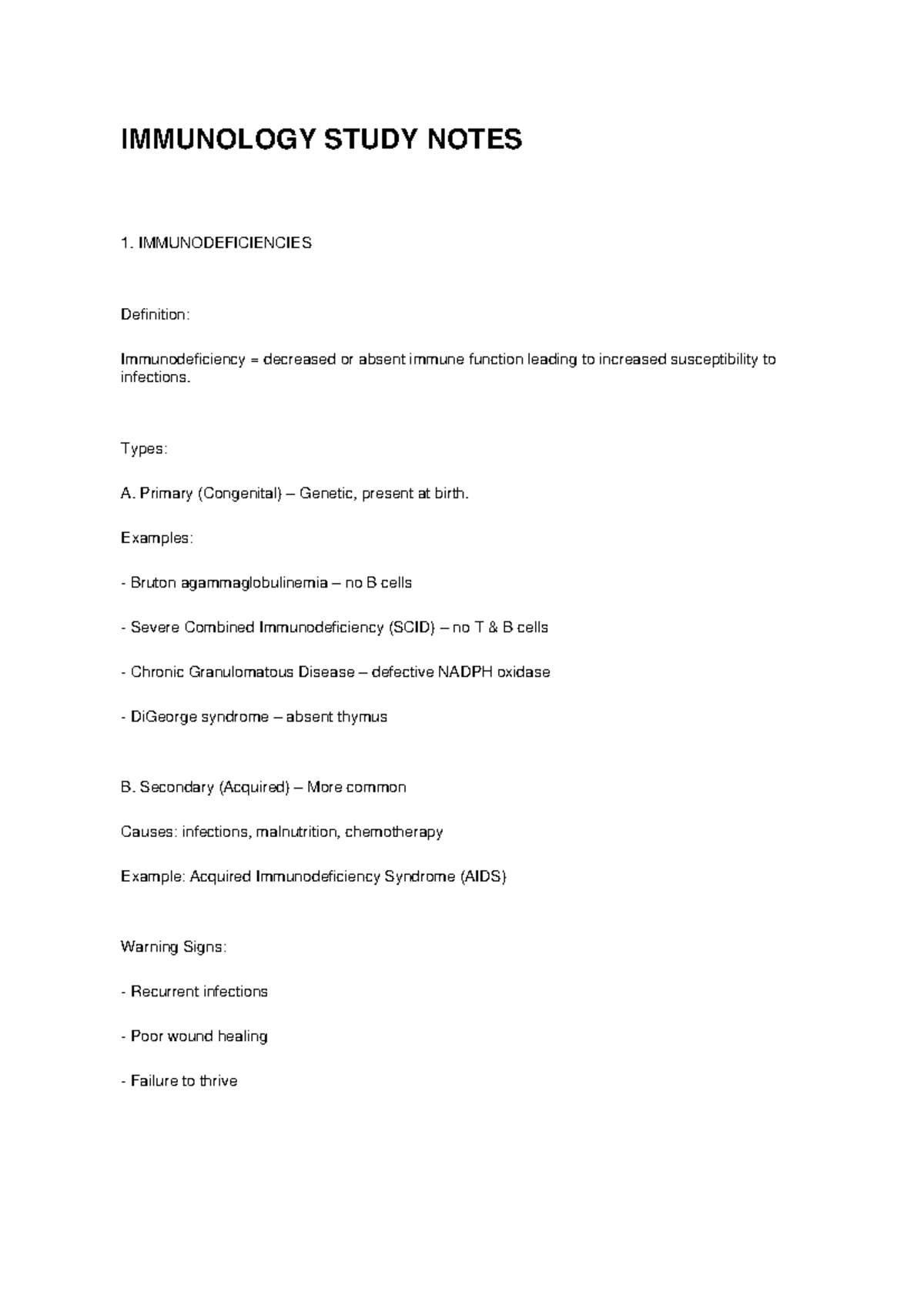 IMMUNOLOGY STUDY NOTES 1: IMMUNODEFICIENCIES & TUMOR IMMUNOLOGY - Studocu