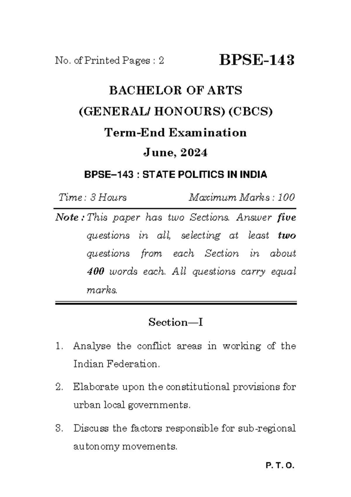 BPSE-143 - 44flflf - P. T. O. BPSE- BACHELOR OF ARTS (GENERAL/ HONOURS ...