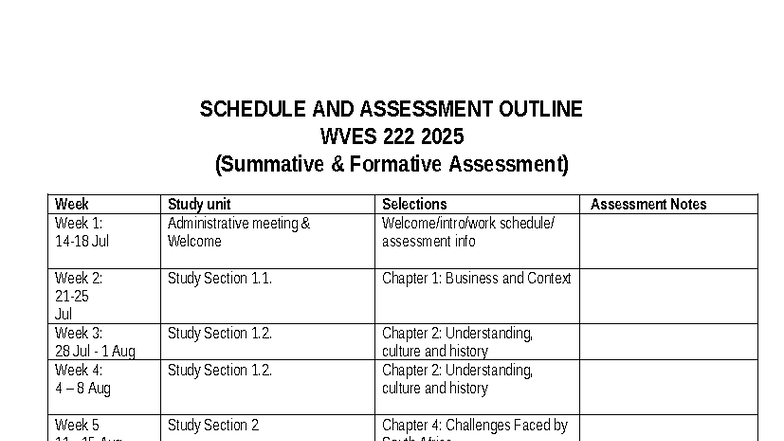 Class Outline and Assessment Schedule WVES 222 2025 - Studocu