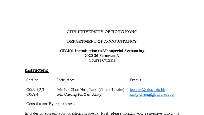CB2101 2025-26 Sem A Managerial Accounting Course Outline - Studocu