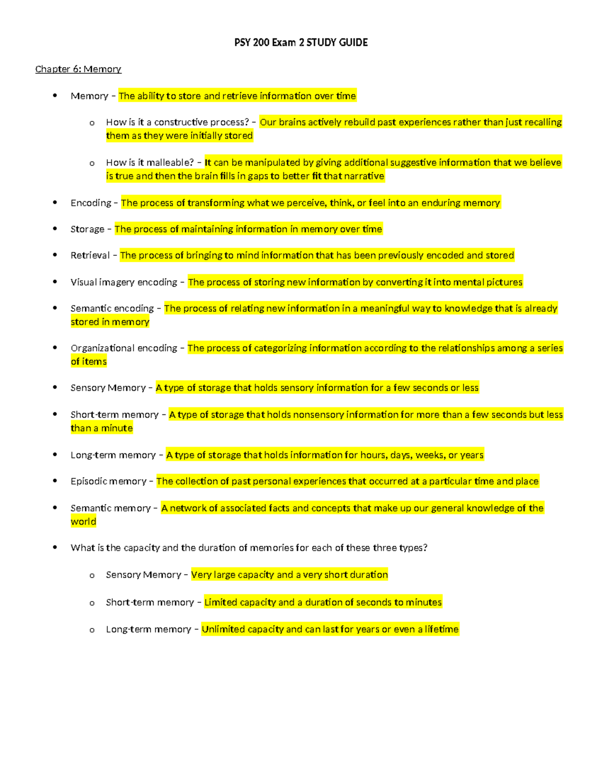PSY 200 Exam 2 Study Guide: Memory, Learning, Emotion & Motivation ...
