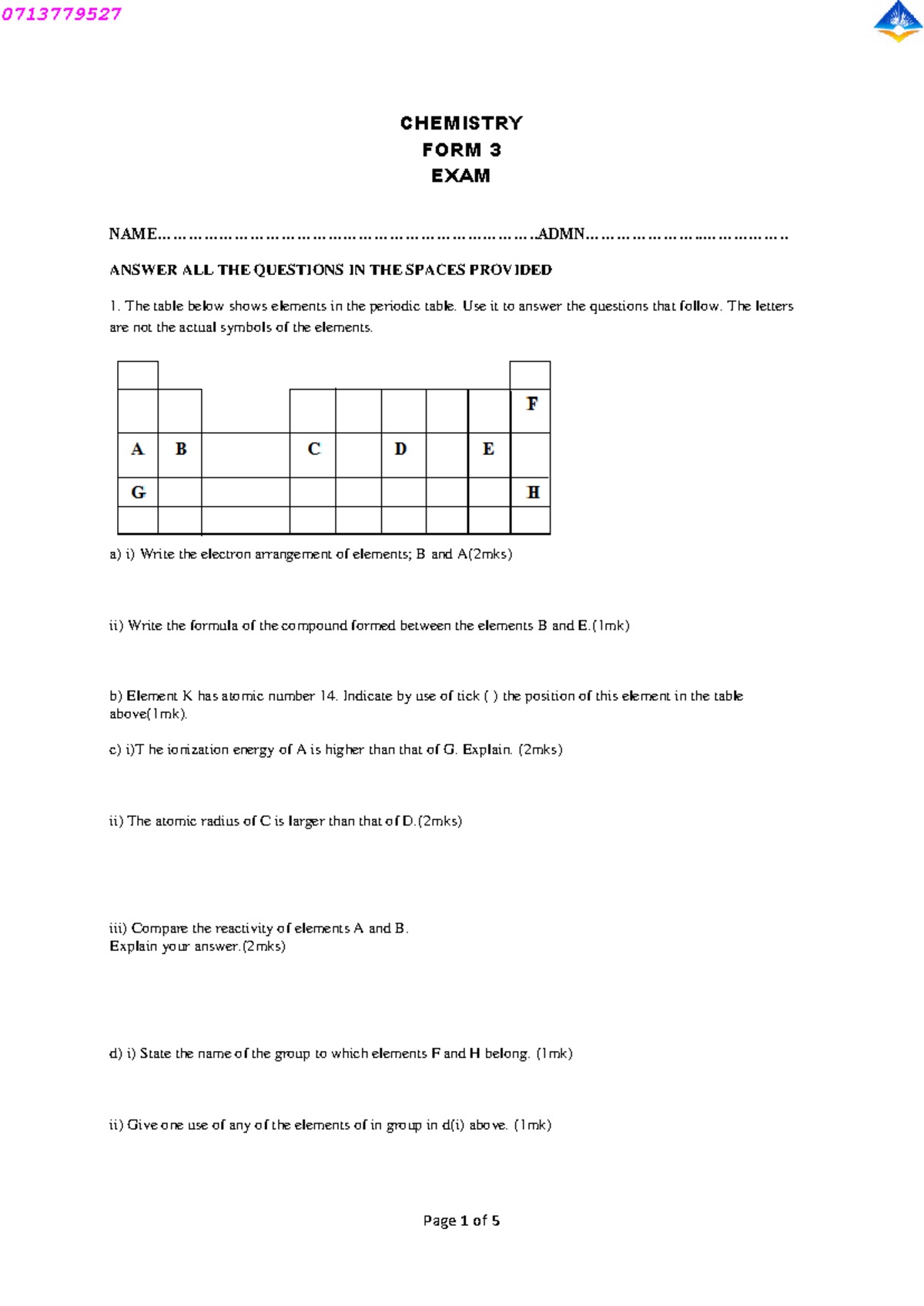 0713779527 CHEMISTRY FORM 3 EXAM QUESTIONS AND ANSWERS - Studocu