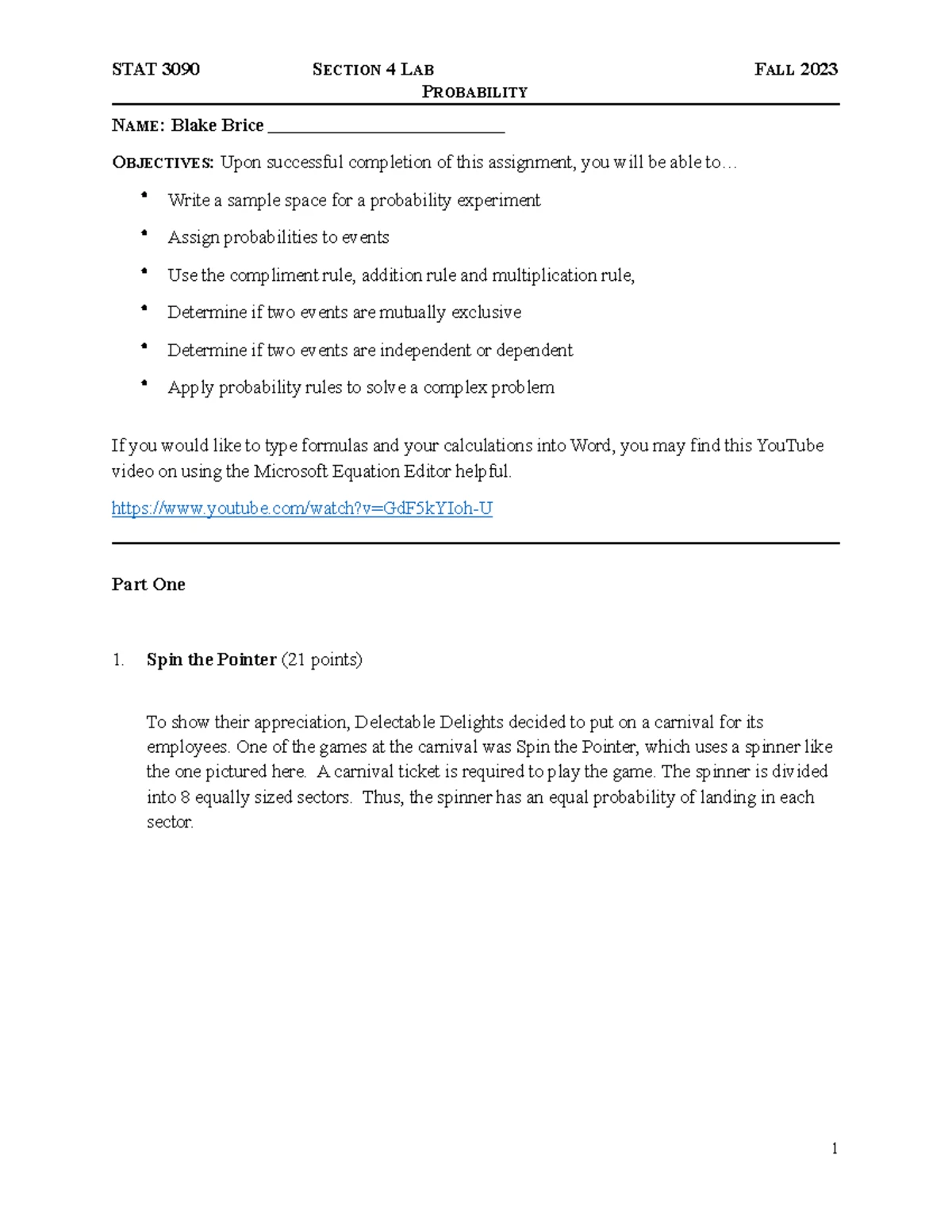 STAT 3090 Lab Activity: Simple Linear Regression, Section 10, Fall 2024 ...