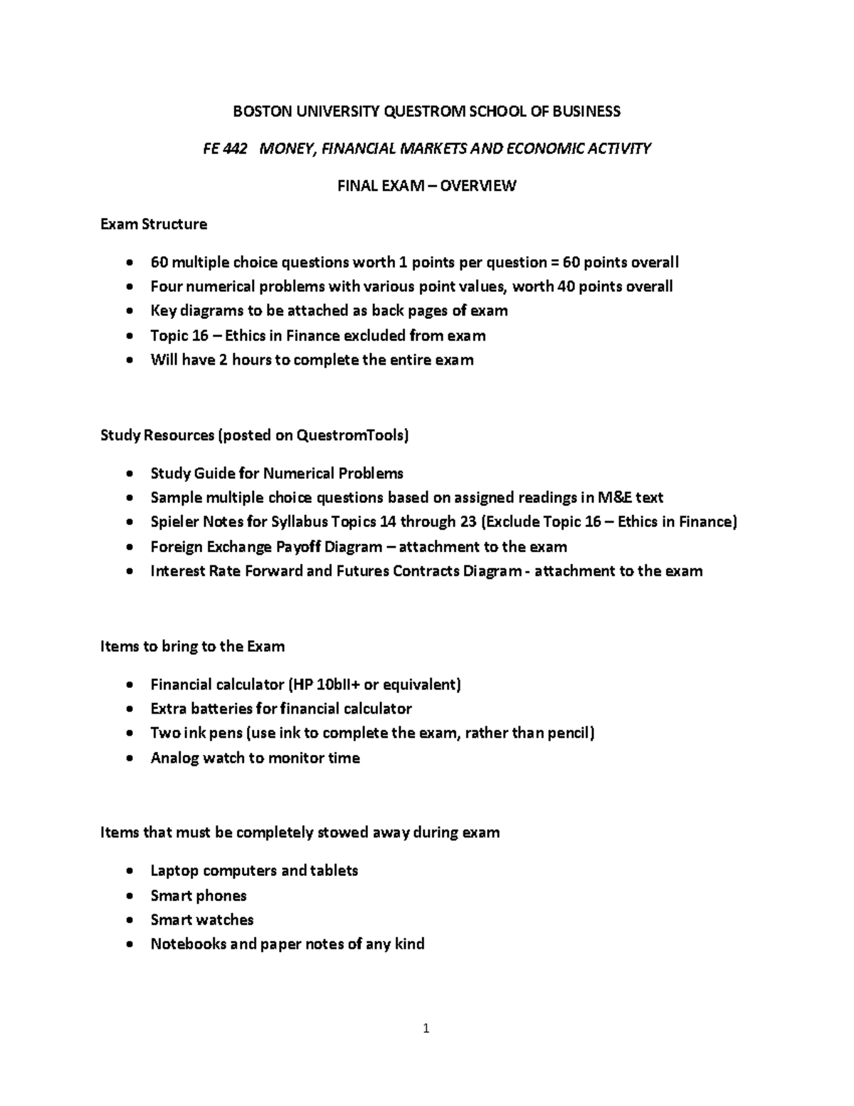 FE 442 Money & Financial Markets Final Exam Overview Guide - Studocu