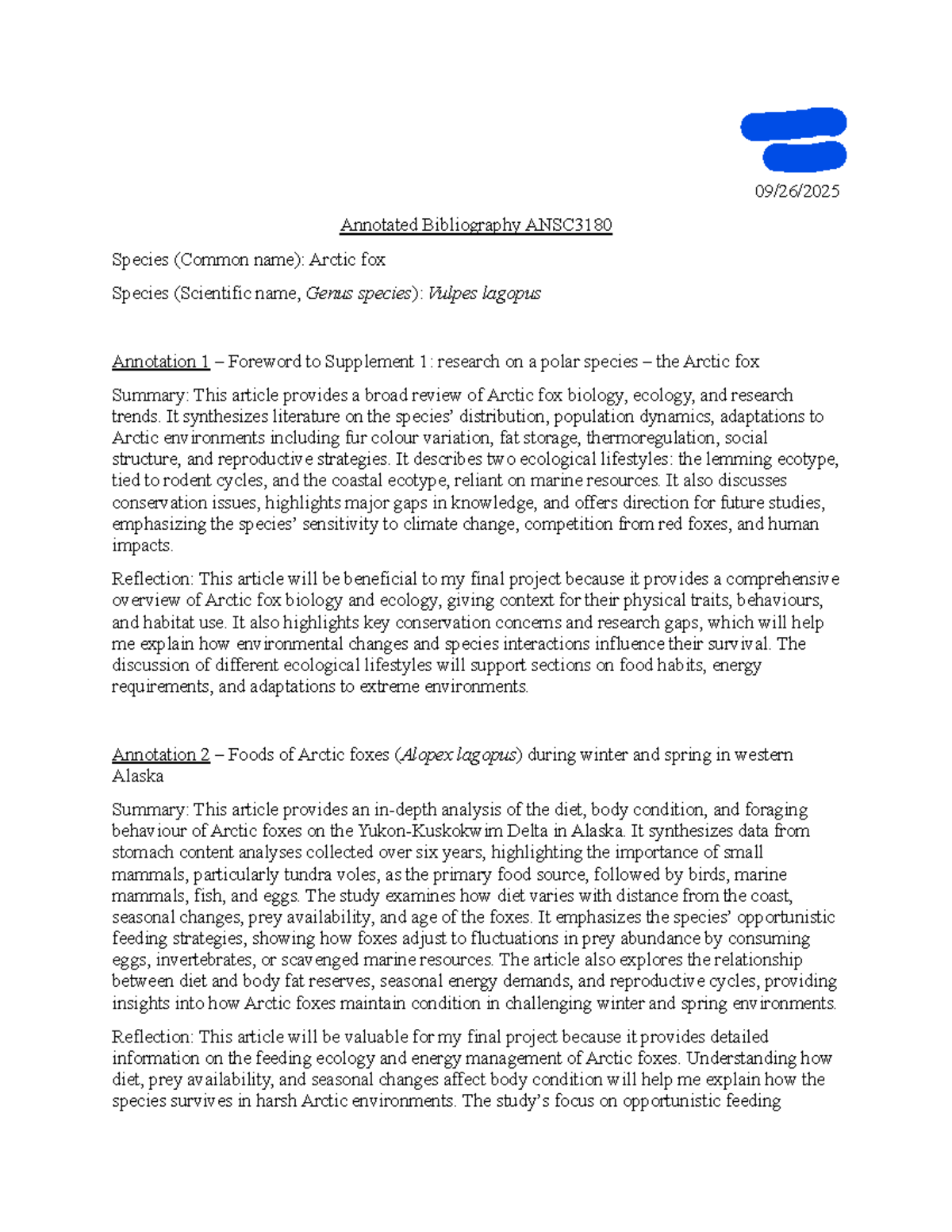ANSC3180 Final Project: Annotated Bibliography on Arctic Foxes - Studocu