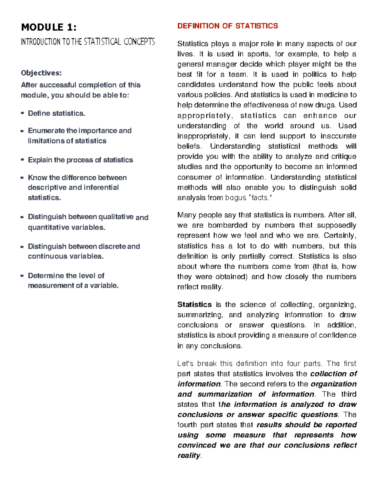 Module 1: Introduction to Statistical Concepts - Study Notes - Studocu