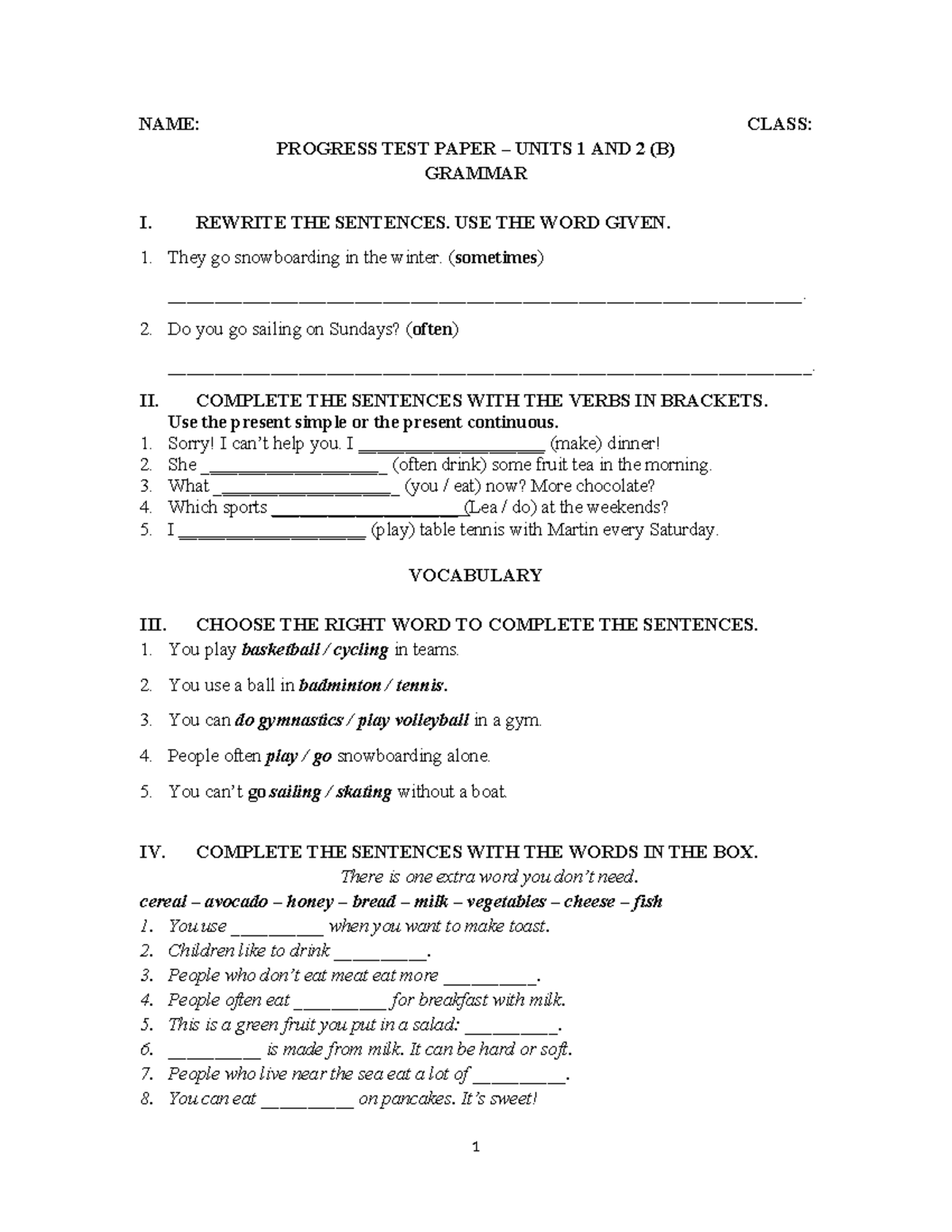 G11 - Progress Test B: Units 1 & 2 Grammar and Vocabulary - Studocu