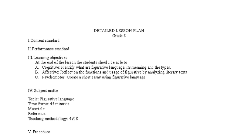 DLP: Grade 8 Detailed Lesson Plan on Figurative Language - Studocu