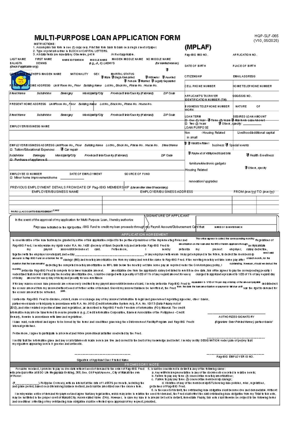SLF065 Multi-Purpose Loan Application Form Instructions - Studocu