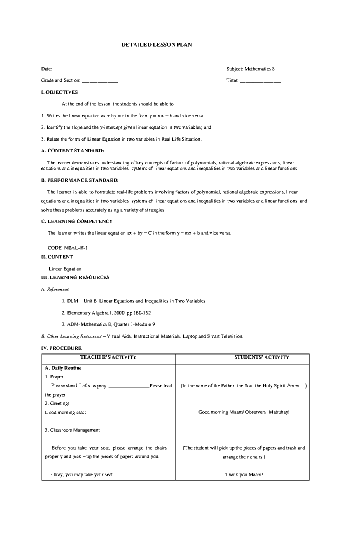 Boongaling-DLP Math8 - N/A - DETAILED LESSON PLAN Date ...