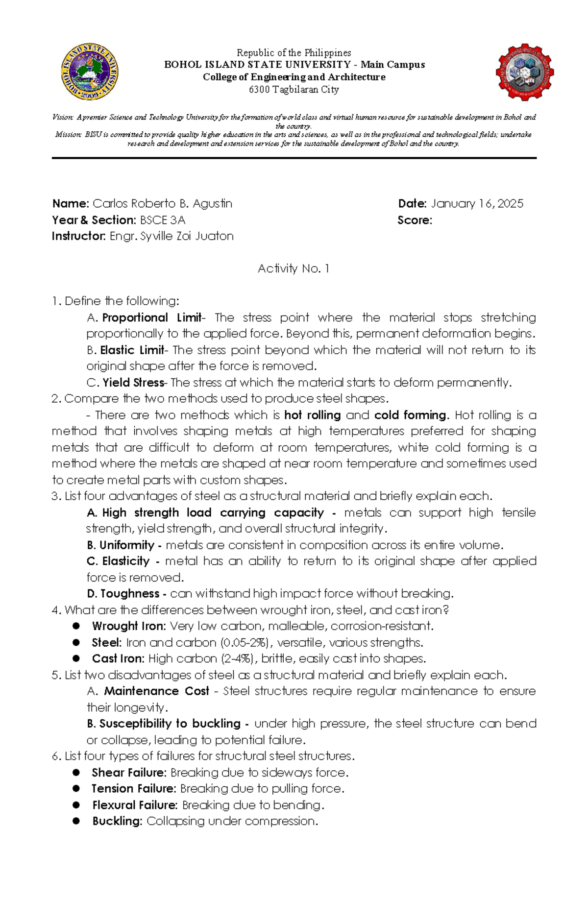Activity No. 1: Steel Properties and Production Methods - BSCE 3A - Studocu