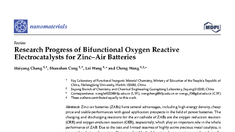 Research Progress on Bifunctional Oxygen Electrocatalysts for ZABs ...
