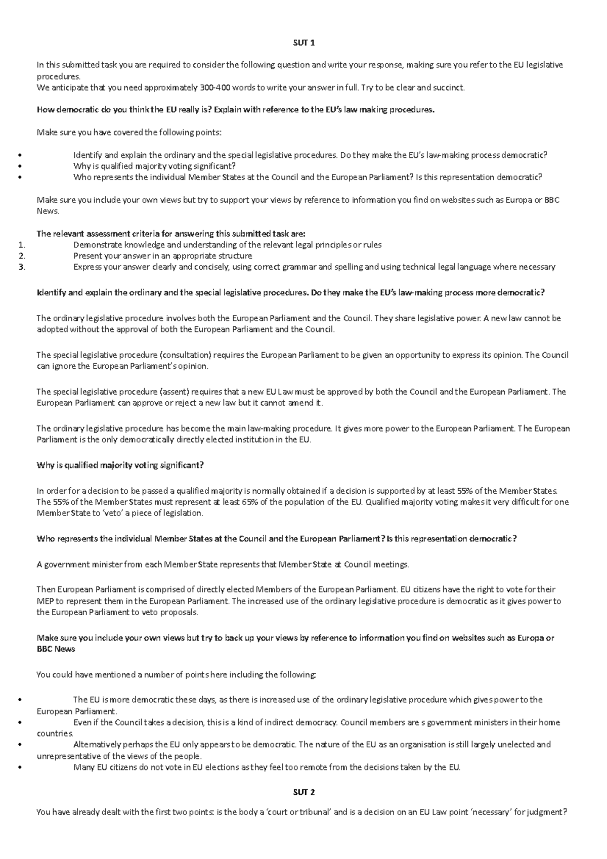 SUTs answers EU - SUT 1 In this submitted task you are required to ...
