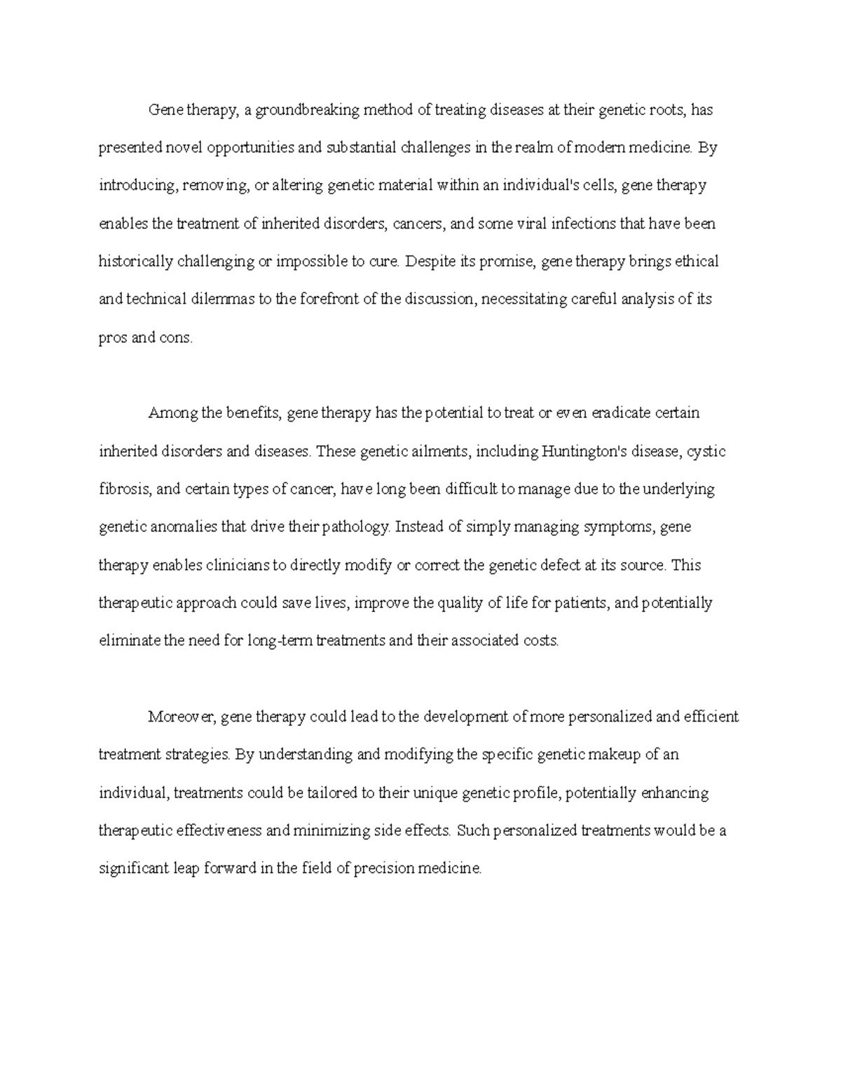 Biology Essay: Exploring Pros and Cons of Gene Therapy - Studocu