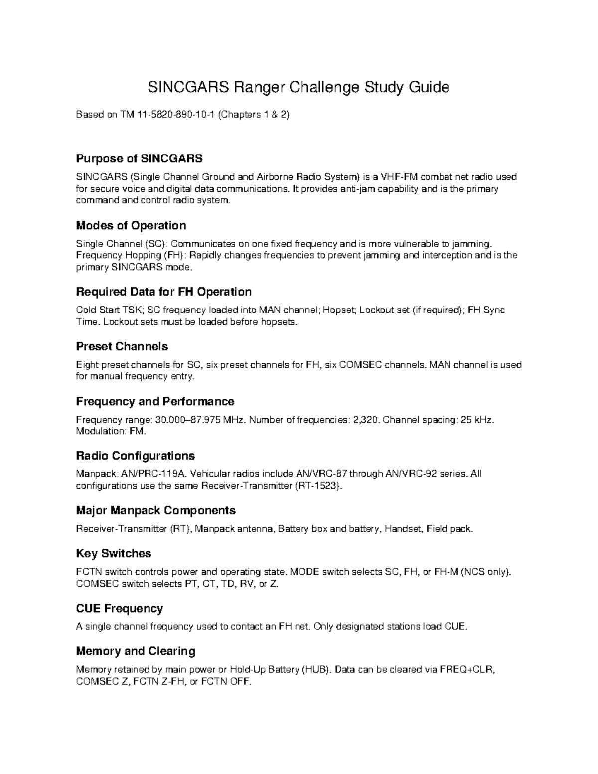 SINCGARS Ranger Challenge Study Guide & Quiz (Chapters 1-2) - Studocu