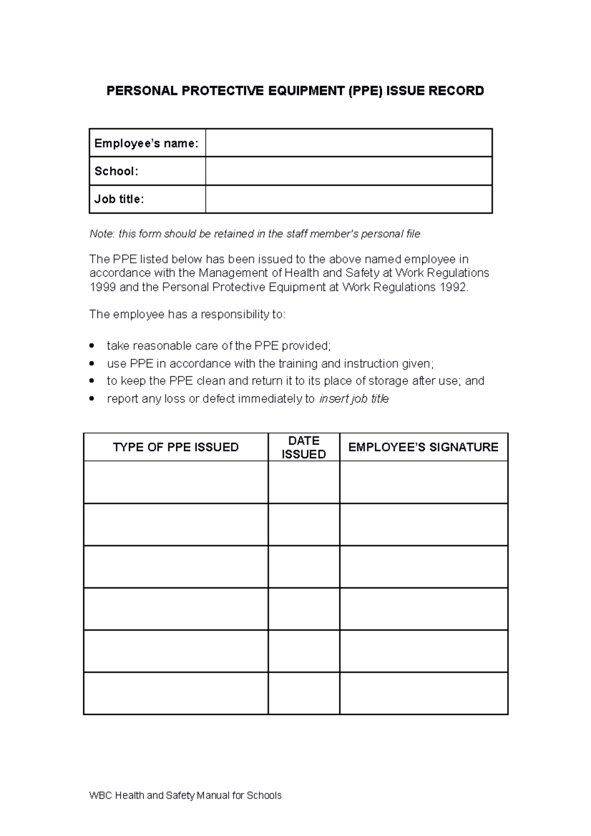 PPE Issue Record Template for WBC Health and Safety Regulations - Studocu
