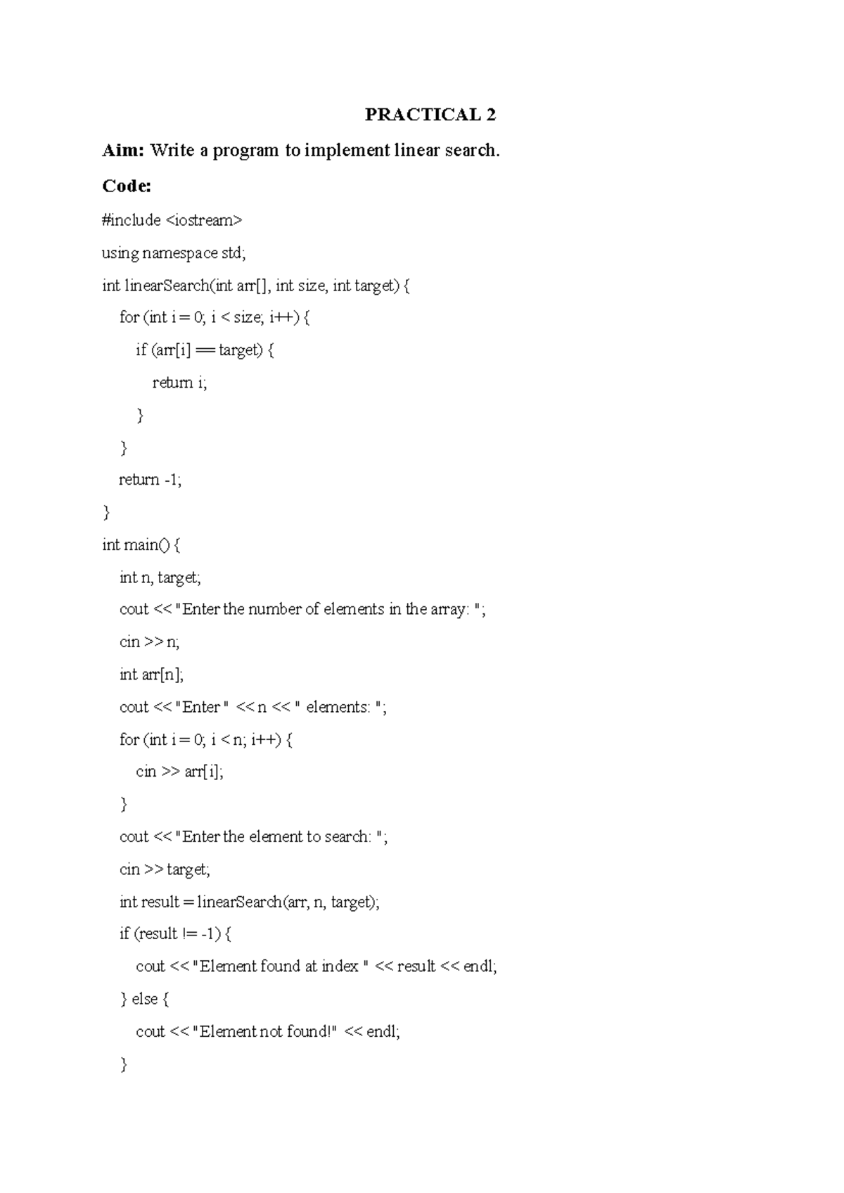 Practical 2 daa - PRACTICAL 2 Aim: Write a program to implement linear ...