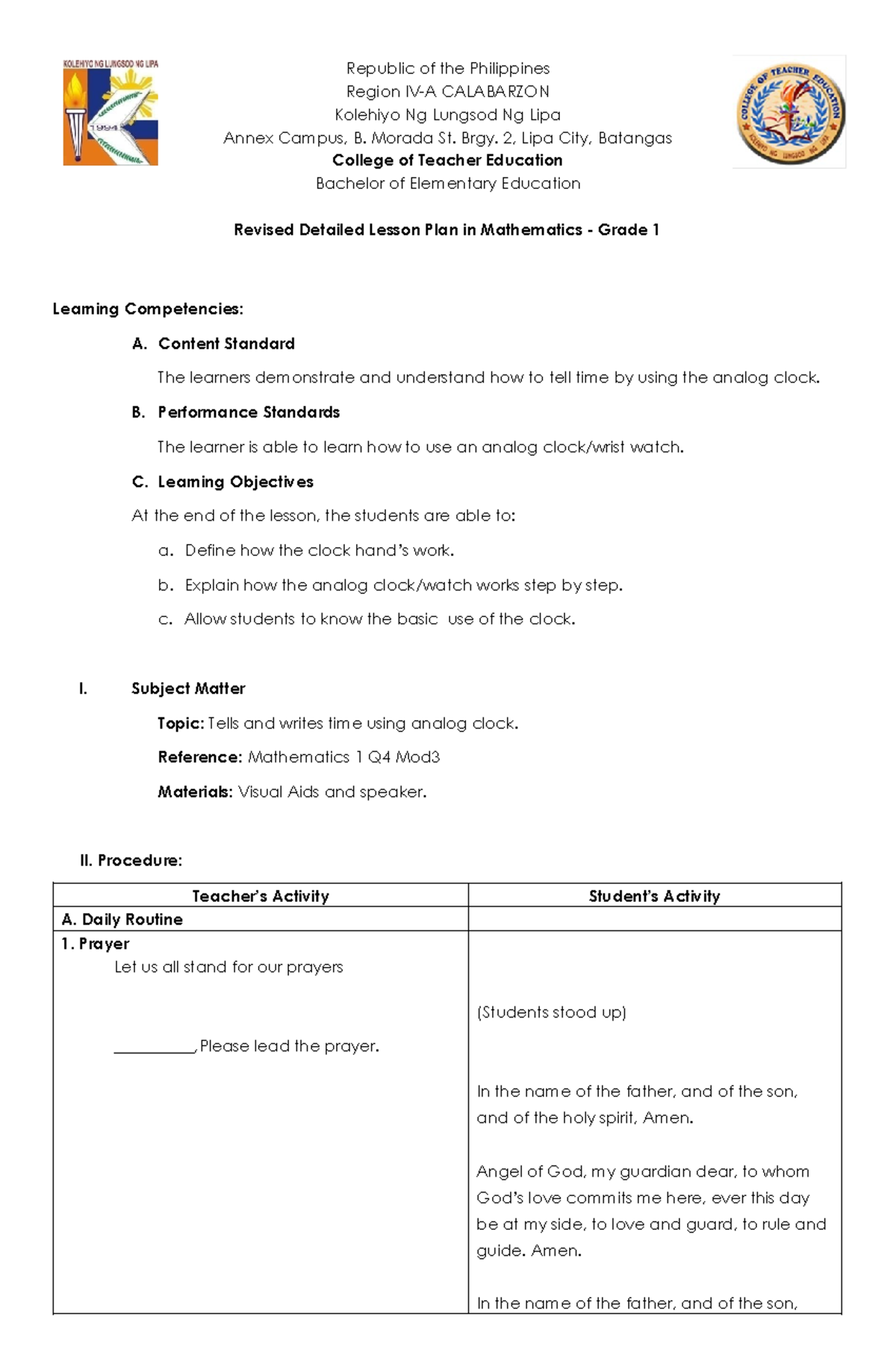 DE LEON MATH 1-DLP - Revised Lesson Plan on Telling Time with Clocks ...