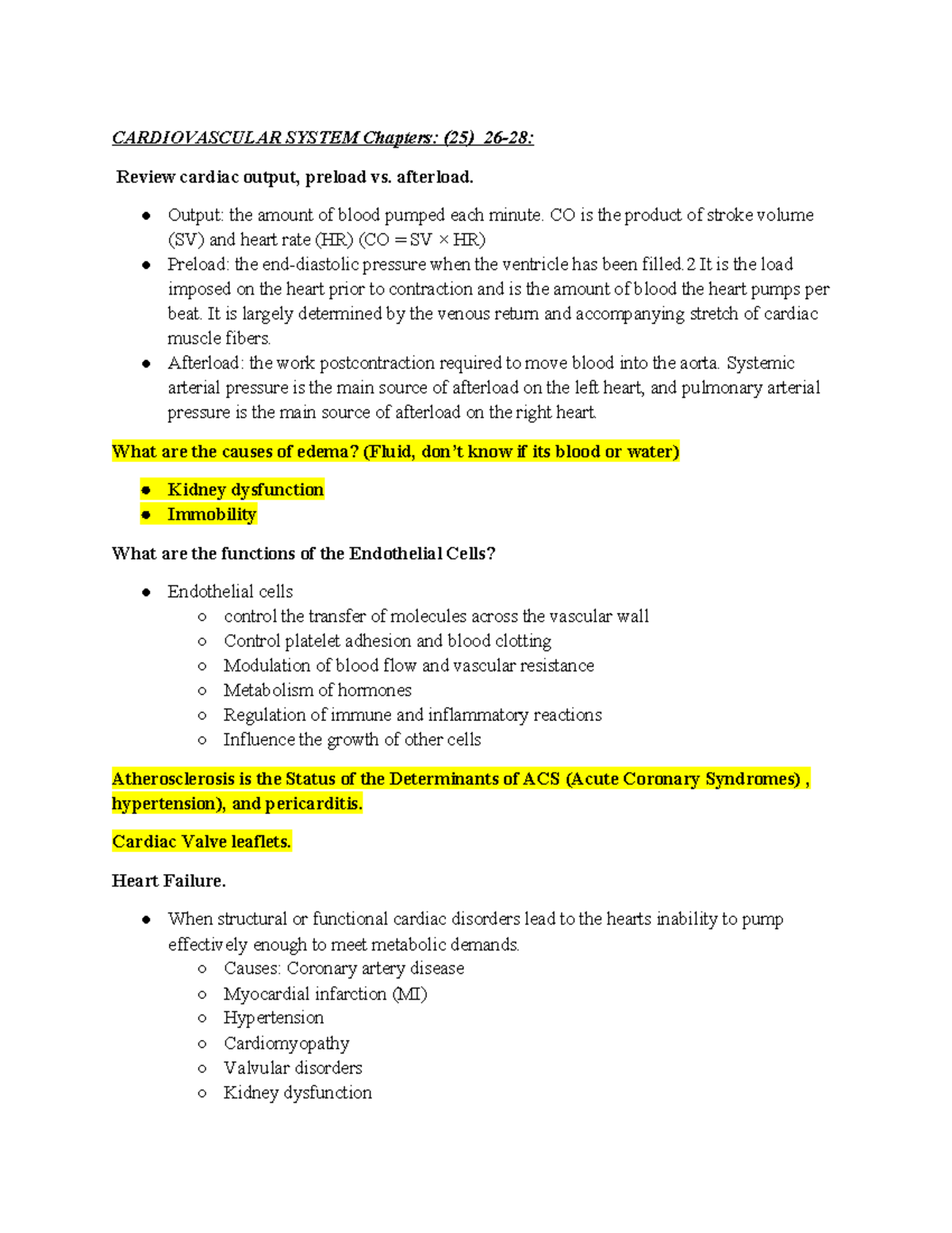 CARDIOVASCULAR SYSTEM Patho Midterm Review: Key Concepts & Disorders ...