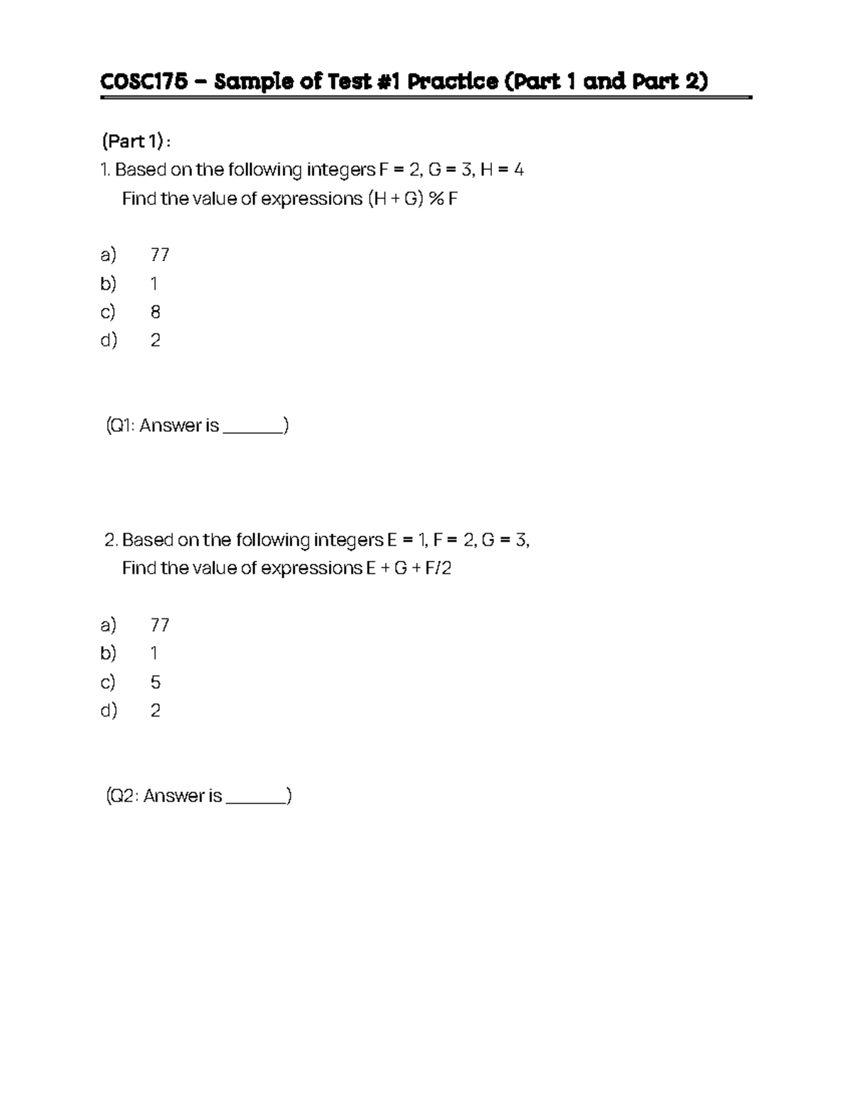 COSC175 Test #1 Practice Questions (Part 1 & 2) - Studocu