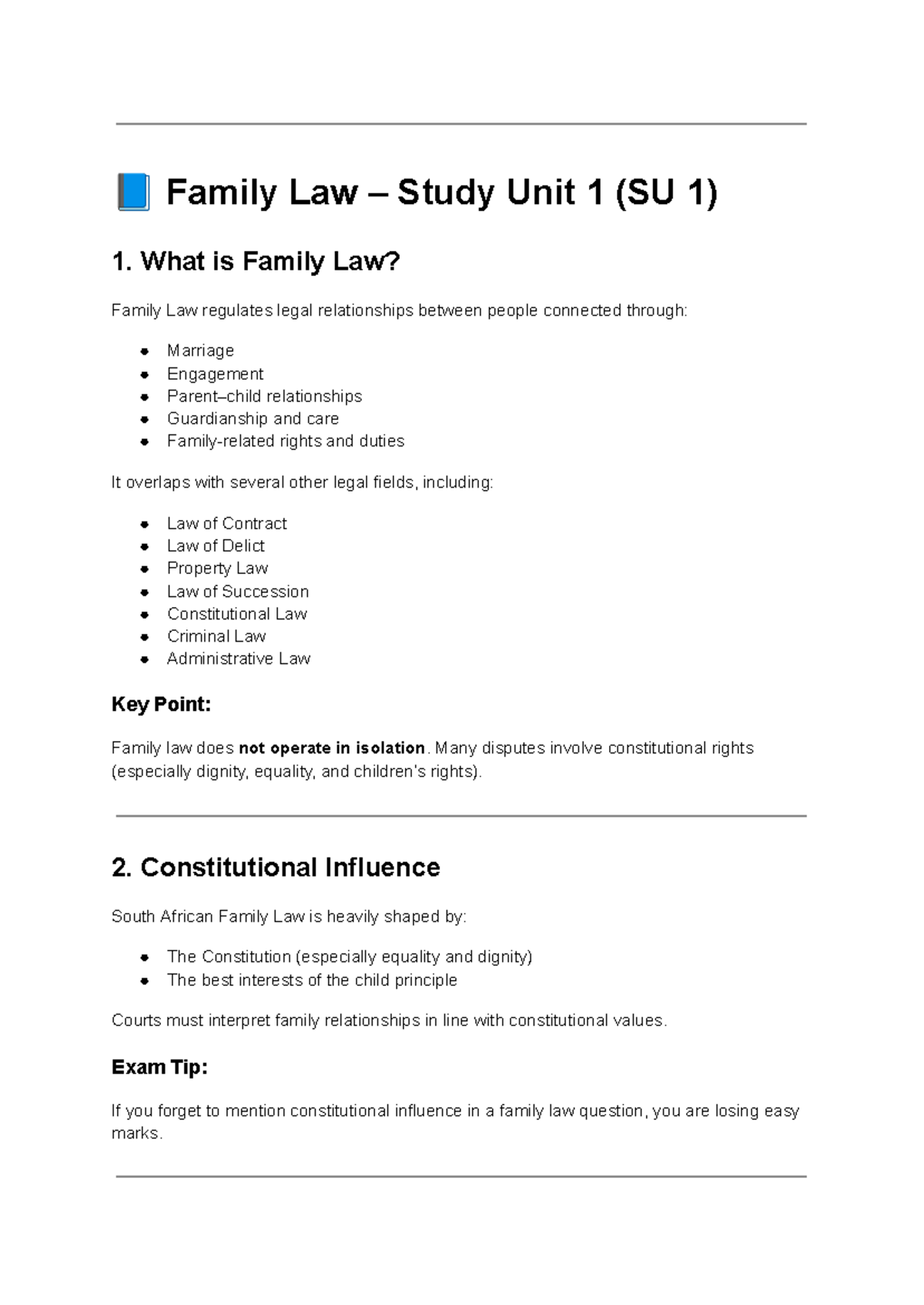 Family Law Study Notes: Unit 1 & 2 Overview (SU 1 & SU 2) - Studocu