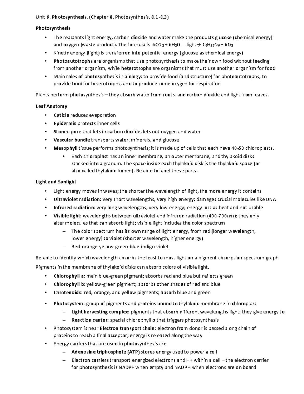 Photosynthesis: Mechanisms and Processes (Unit 6, Chapter 8) - Studocu