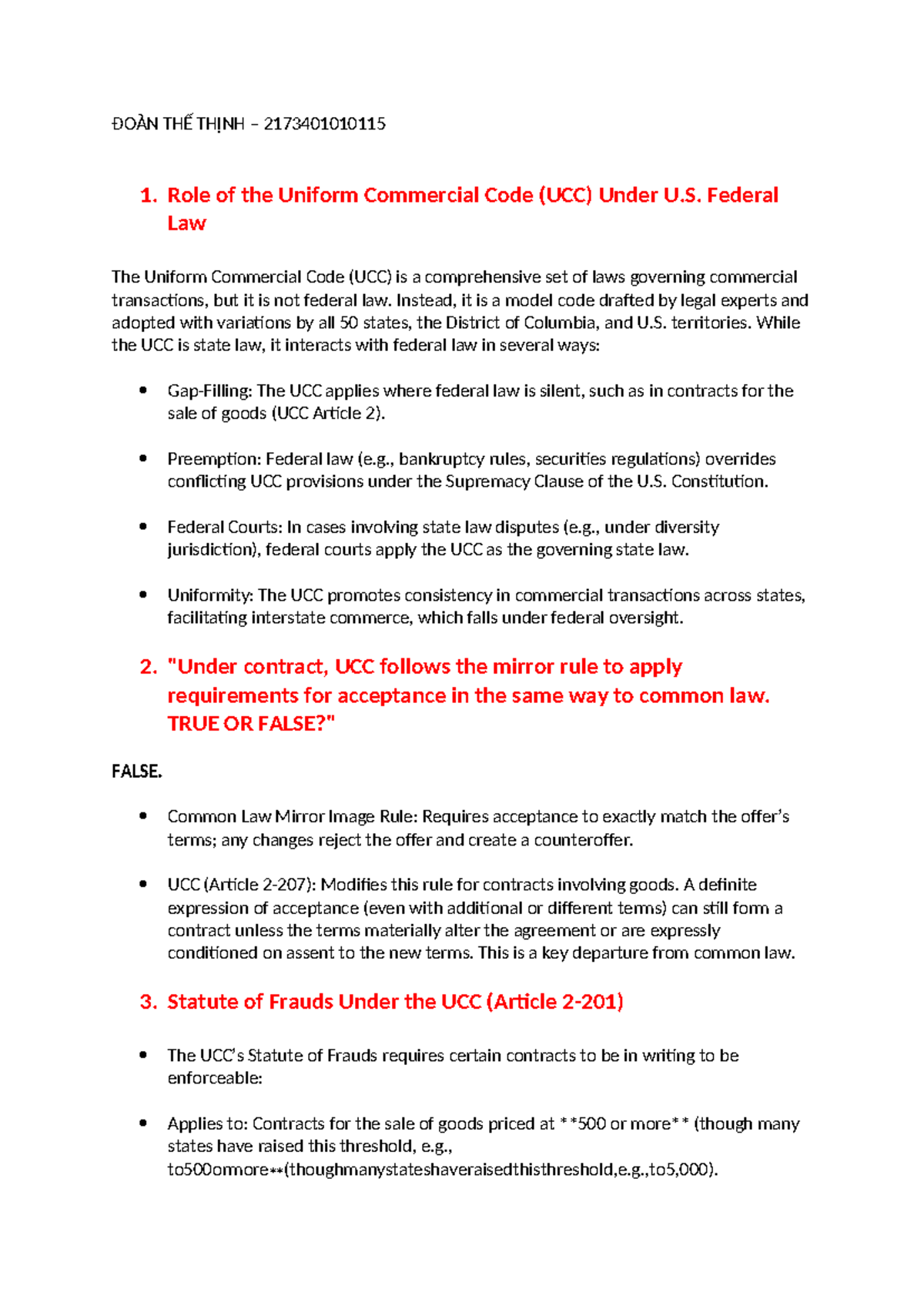 ĐOÀN THẾ THỊNH 2173401010115 UCC & Federal Law: Key Concepts ...