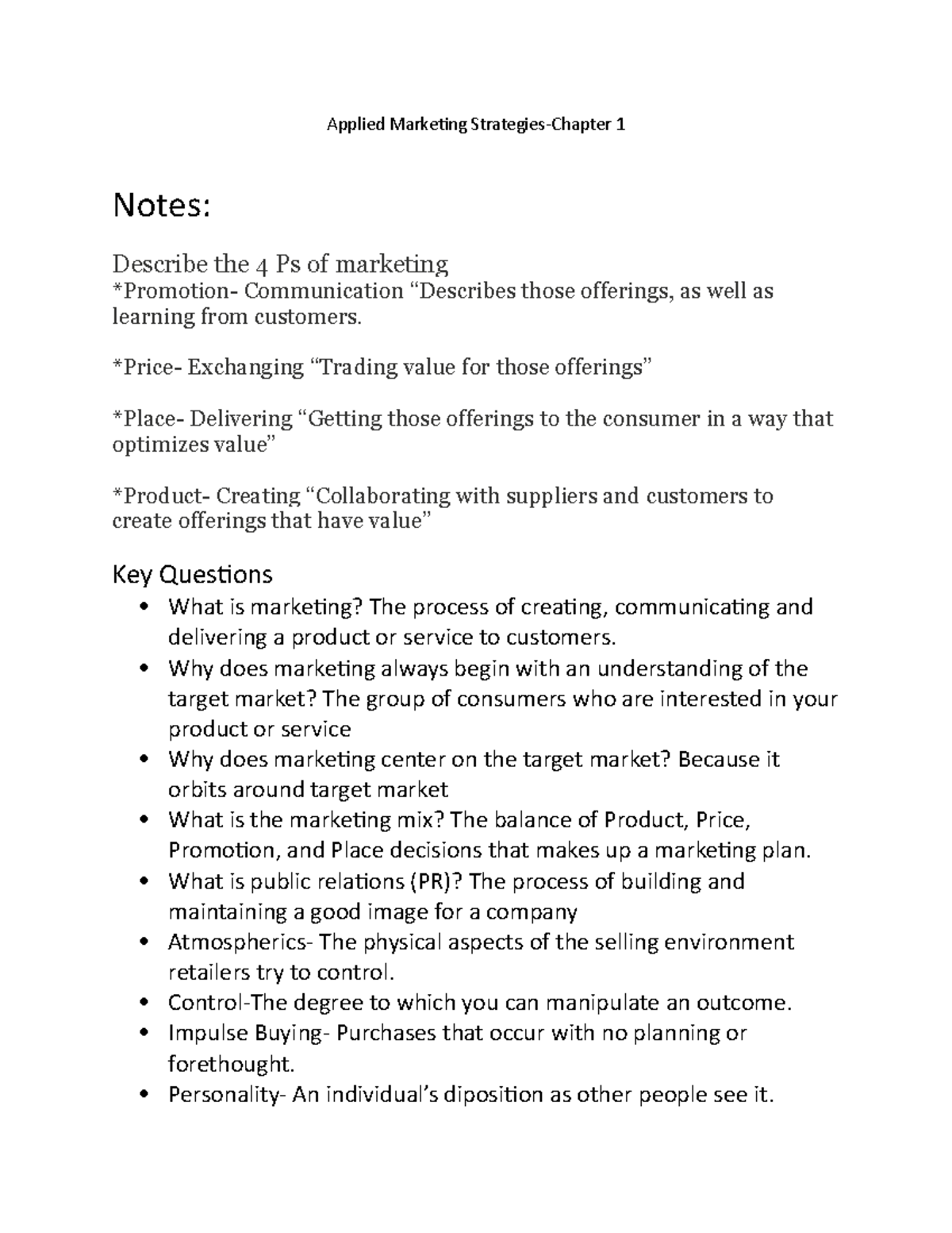 Applied Marketing Strategies (MKT 101) Chapter 1 Study Notes - Studocu