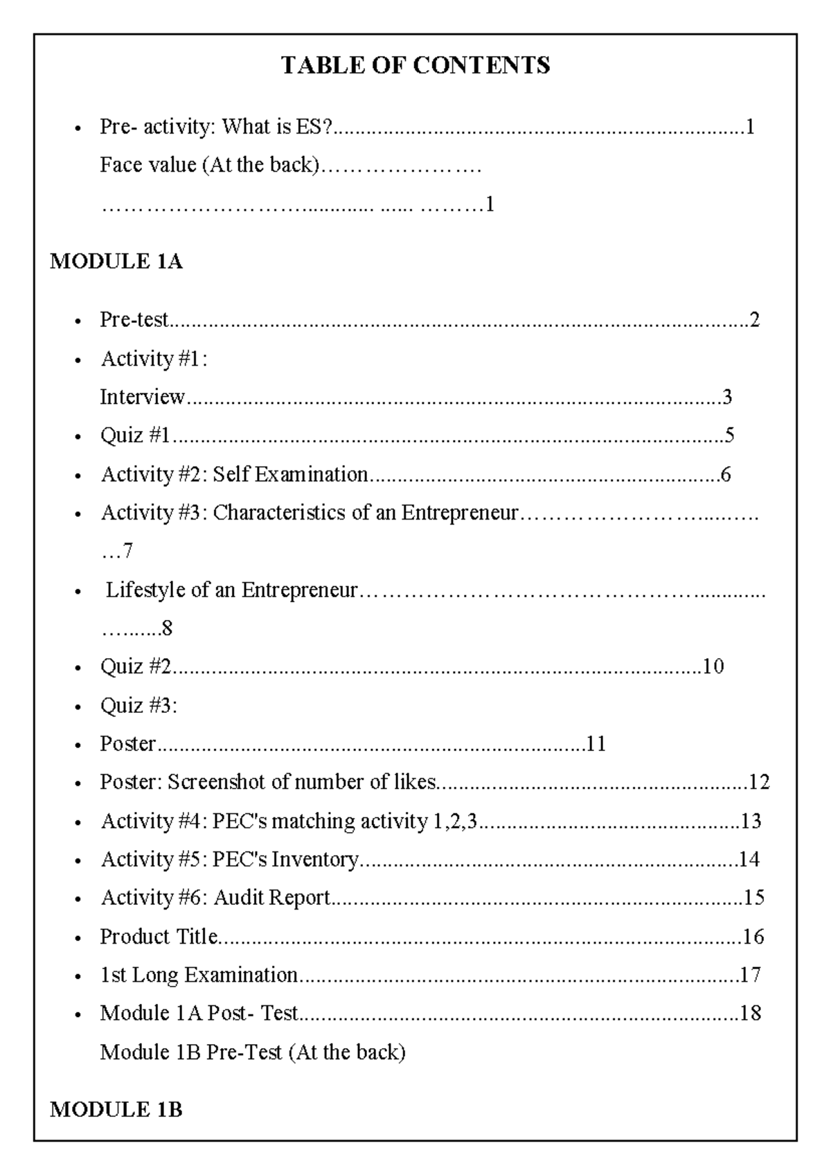 Julie Table of Contents: Activities & Exams Overview (Module 1A & 1B ...