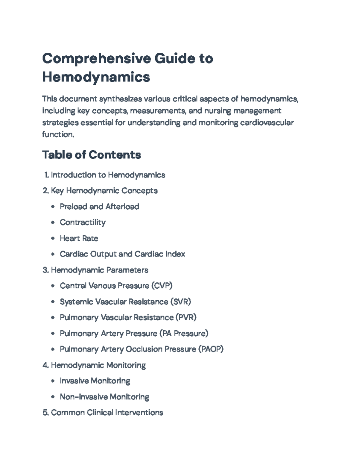 Final Exam Study Guide: Hemodynamics Overview and Nursing Management ...