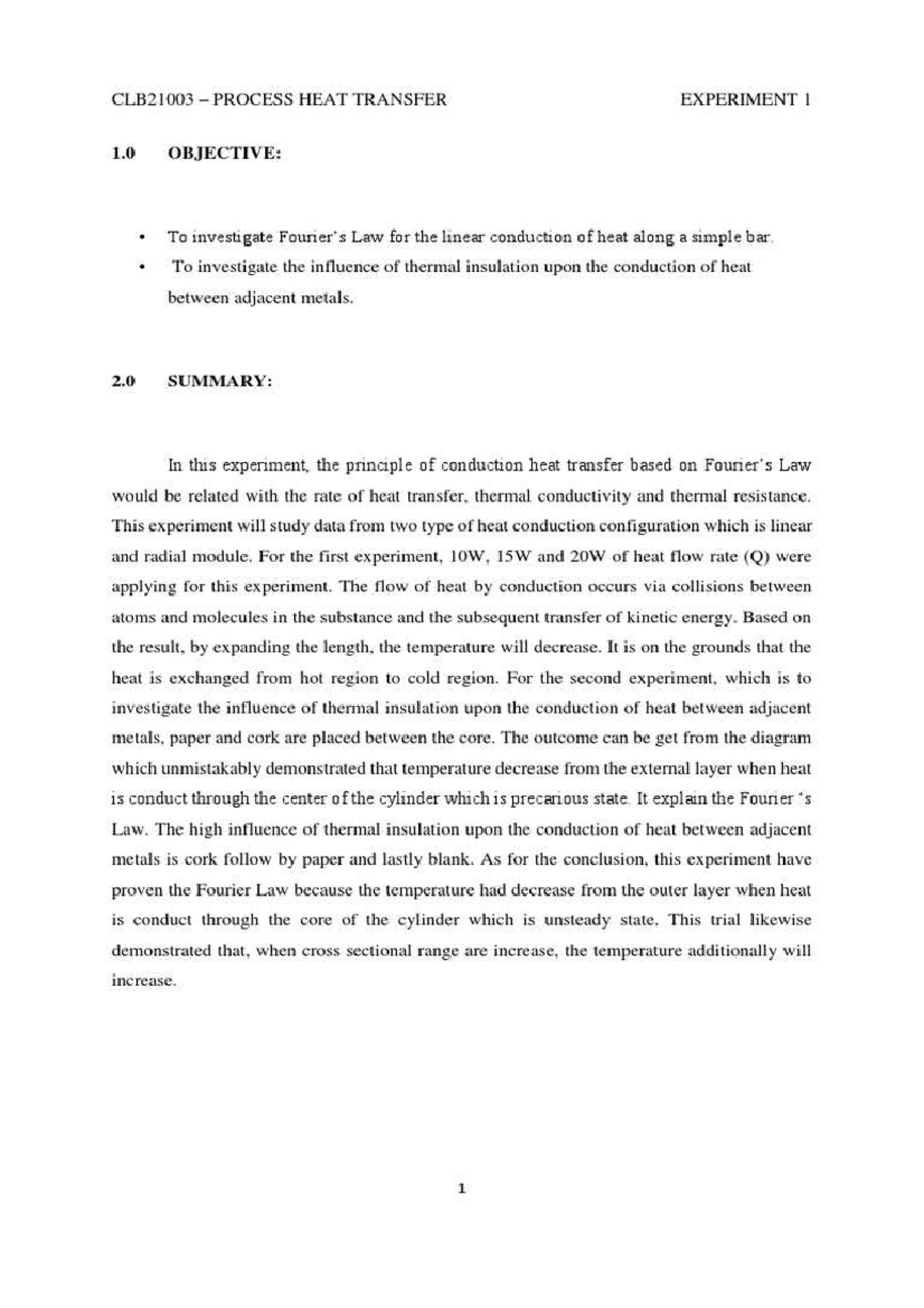 CLB21003 Process Heat Transfer Experiment I: Conduction Analysis - Studocu