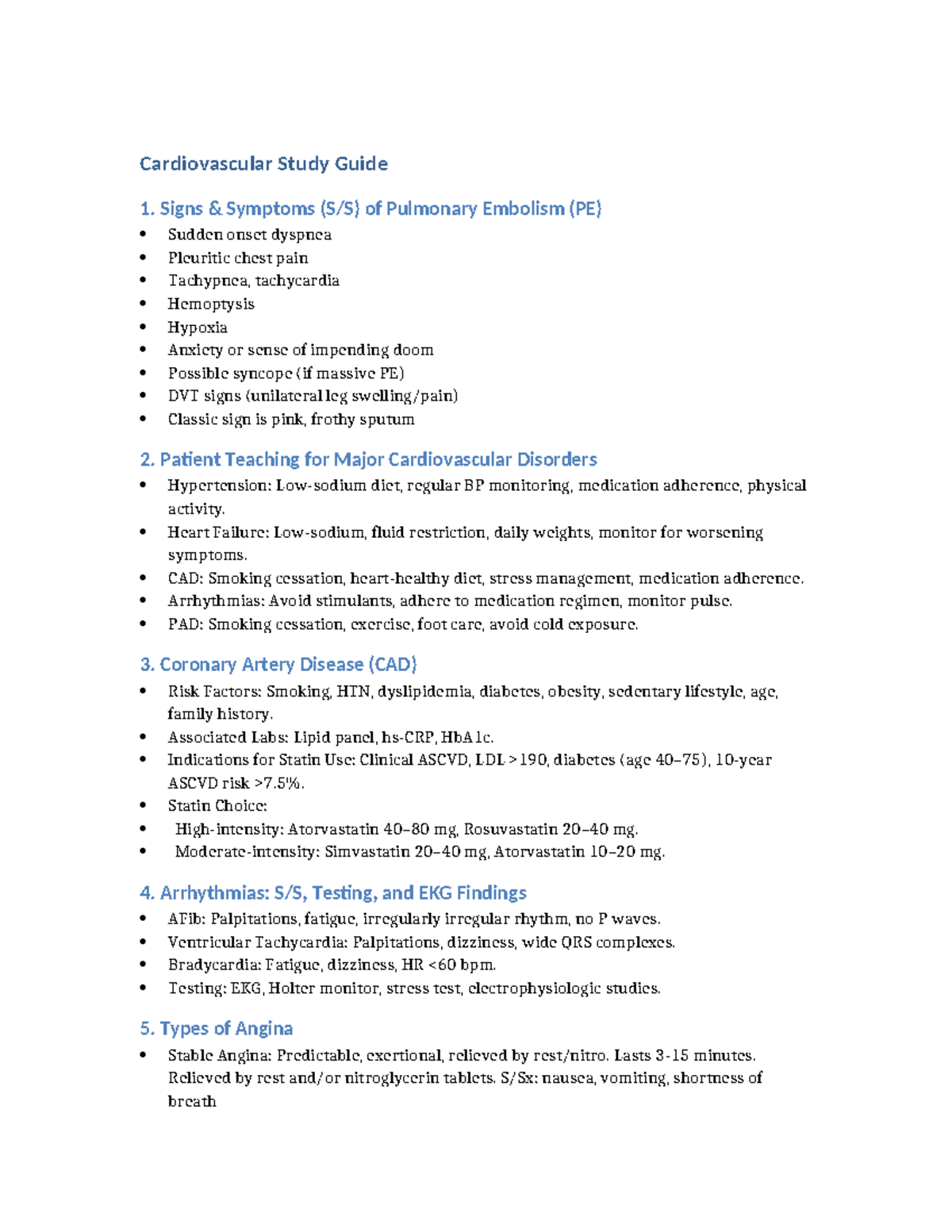 Cardiovascular Study Guide: Key Concepts & Patient Teaching Notes - Studocu