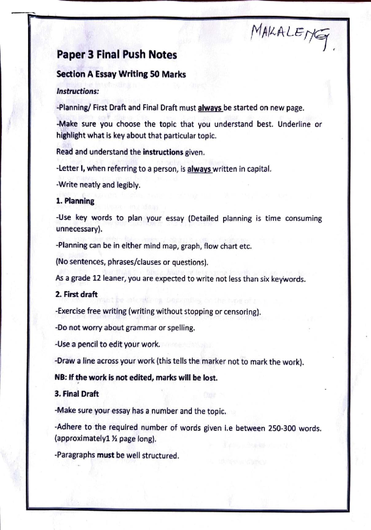Paper 3 Final Push Notes: Grade 12 Essay Writing Guide - Studocu