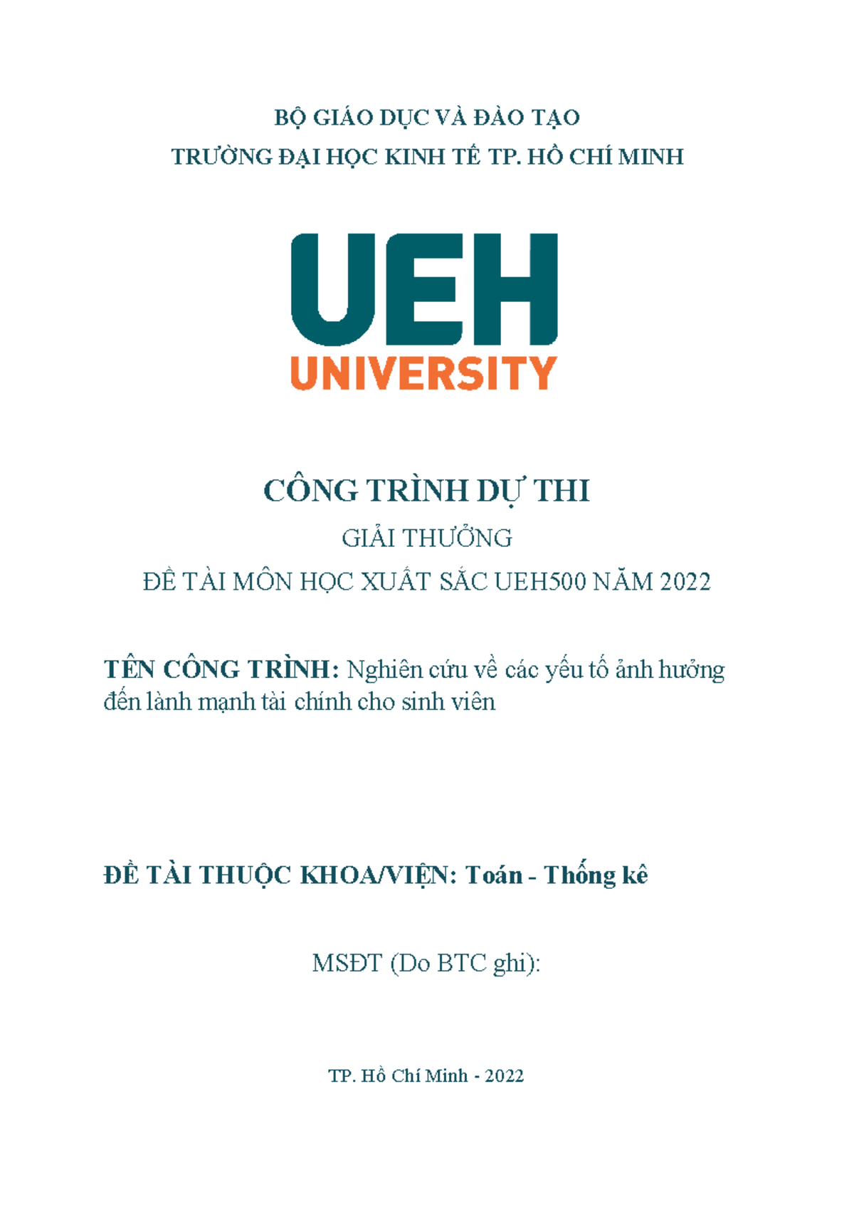 TTK154 - Nghiên cứu yếu tố ảnh hưởng đến tài chính sinh viên UEH500 -  Studocu