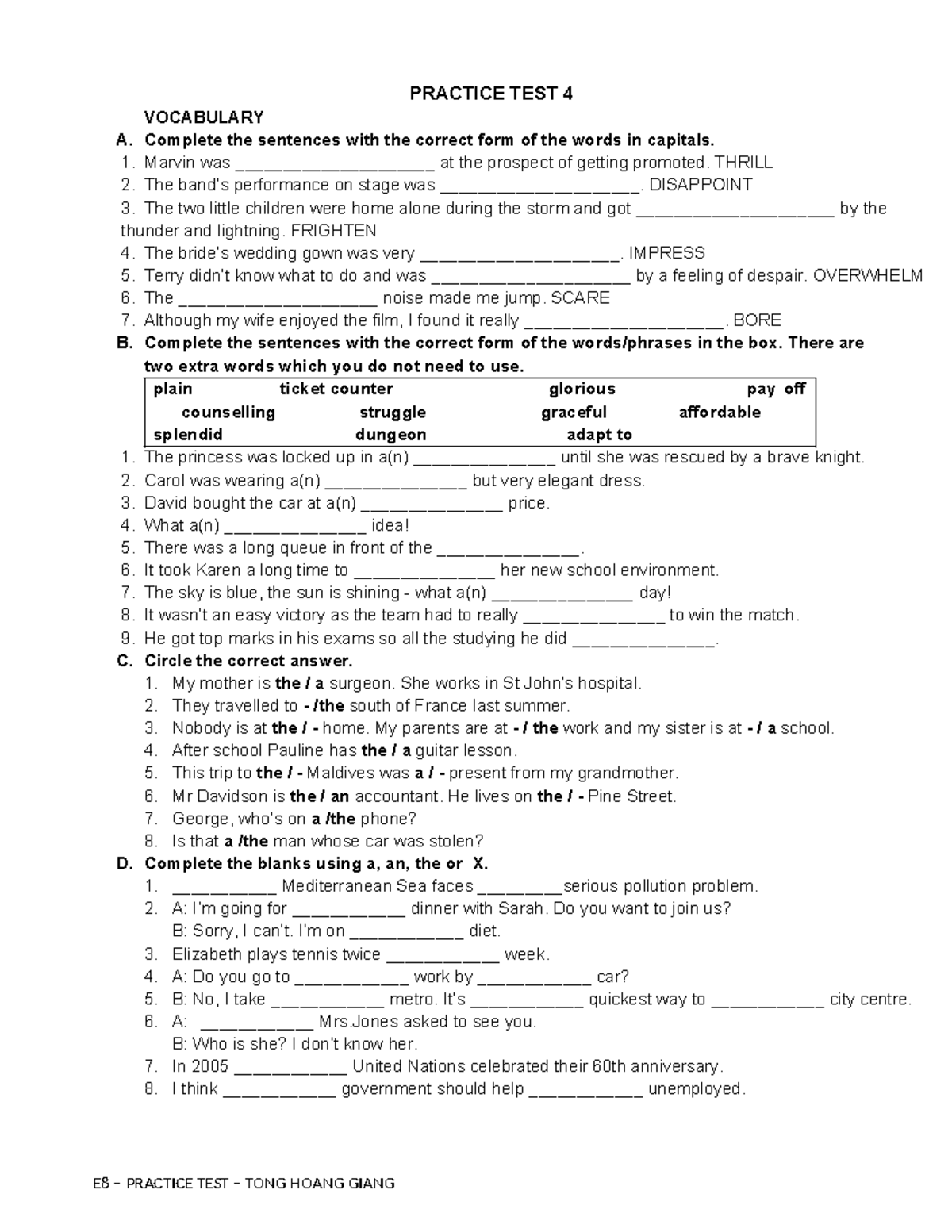 Practice test 4 - vocabulary and grammar exercises - Studocu
