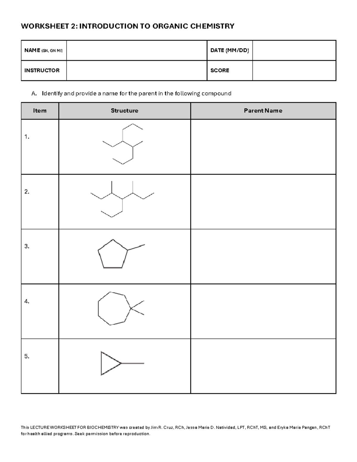 LECTURE WORKSHEET 2 - INTRODUCTION TO ORGANIC CHEMISTRY - Studocu