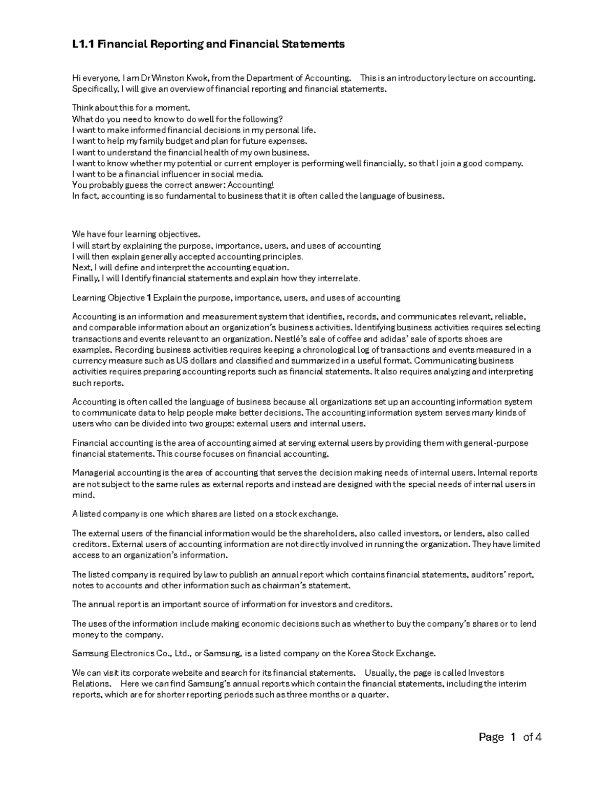 L1.1 Introductory Lecture on Financial Reporting & Statements - Studocu