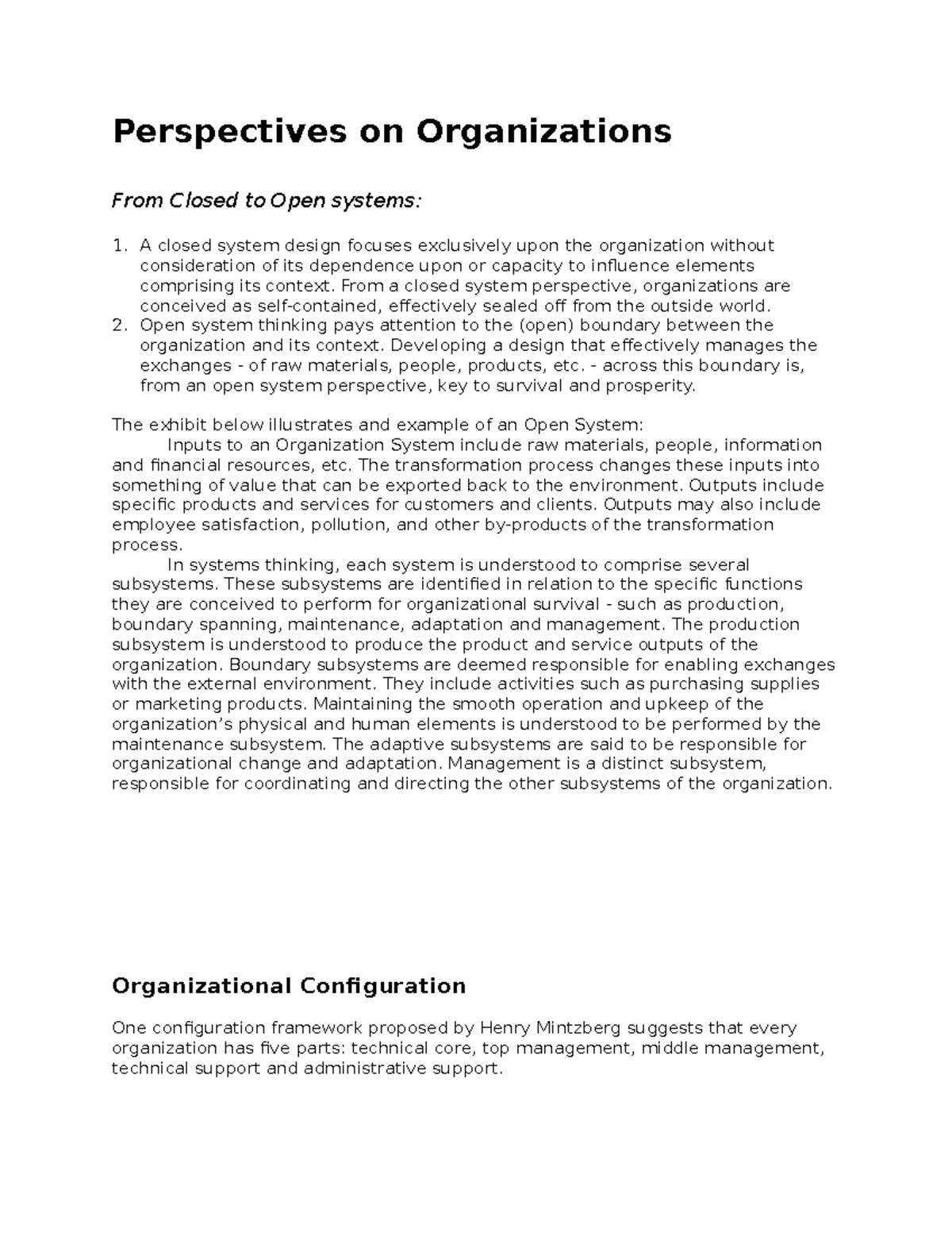 Perspectives on Organizations - Chapter 2 Overview and Analysis