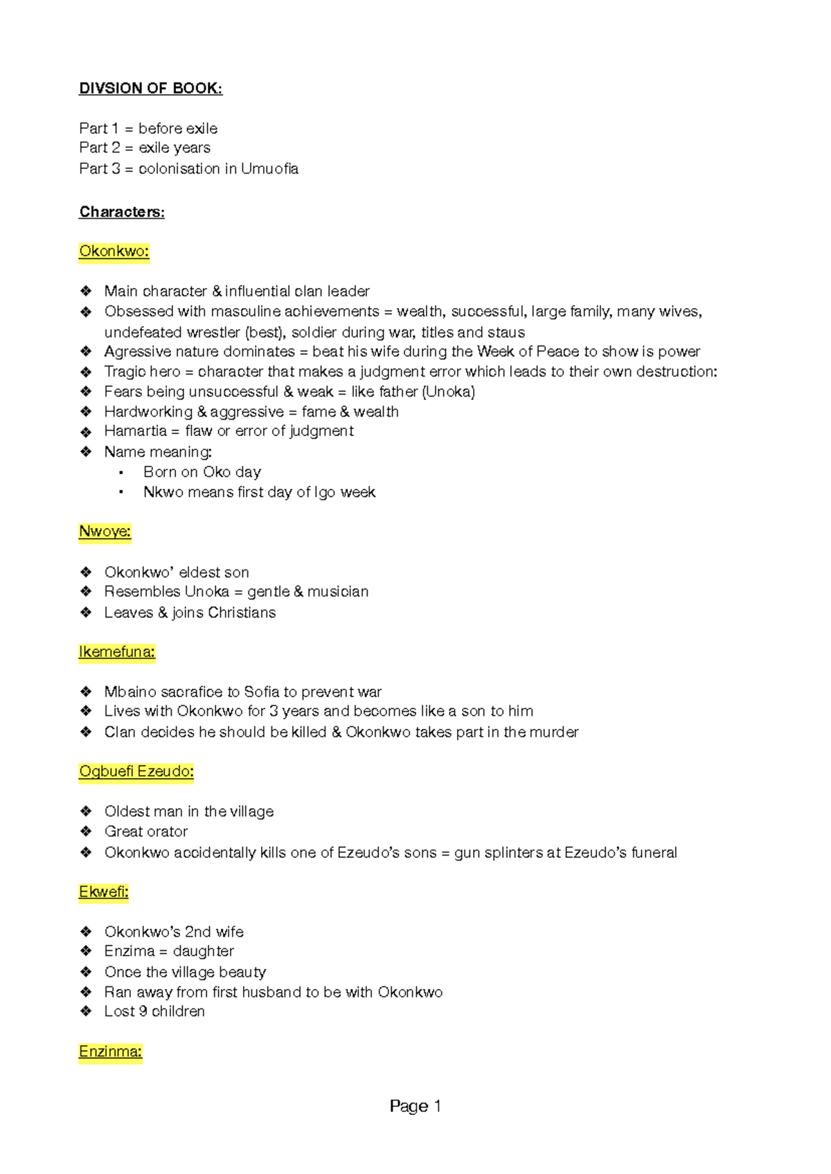 ENG 101: Things Fall Apart Final Exam Notes on Characters & Themes ...