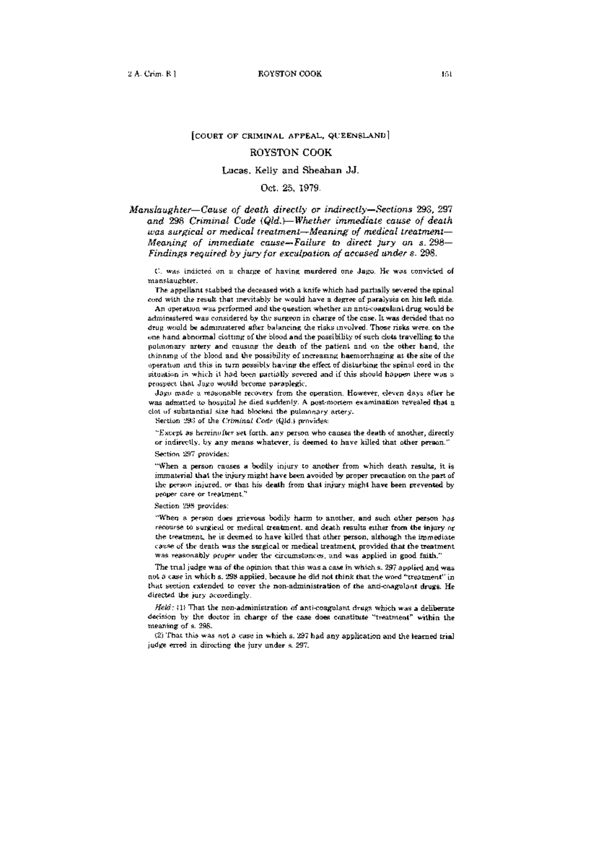 Legal Analysis of Cook v R 19792 ACrim R 151 Case - Studocu