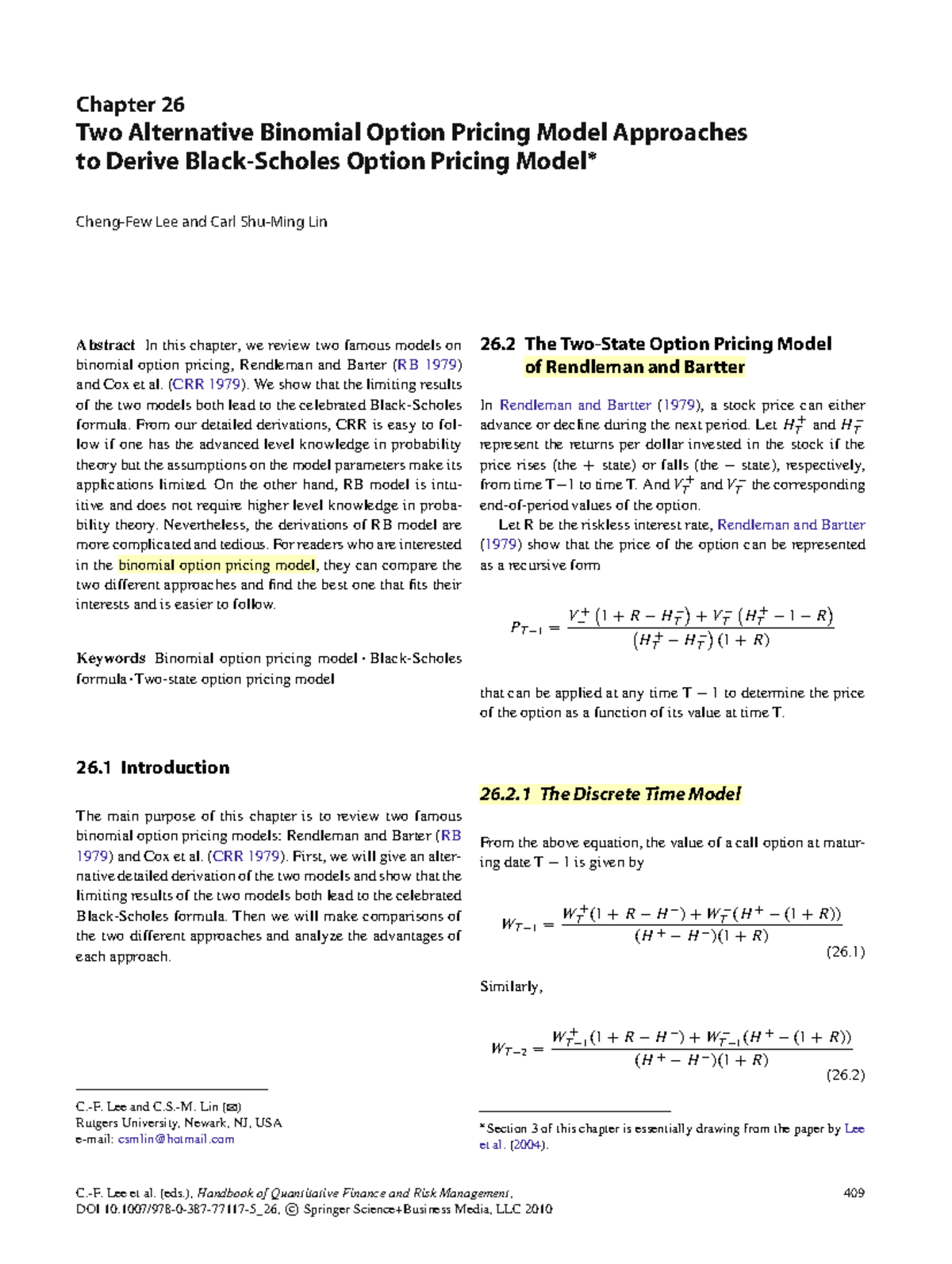 Chapter 26: Two Binomial Option Pricing Models - RB and CRR Approaches ...