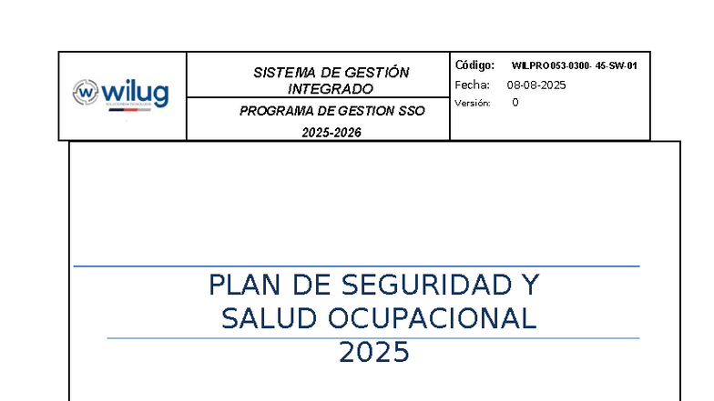 PLAN DE SEGURIDAD Y SALUD OCUPACIONAL SSO 2025 - WILUG LTDA. - Studocu