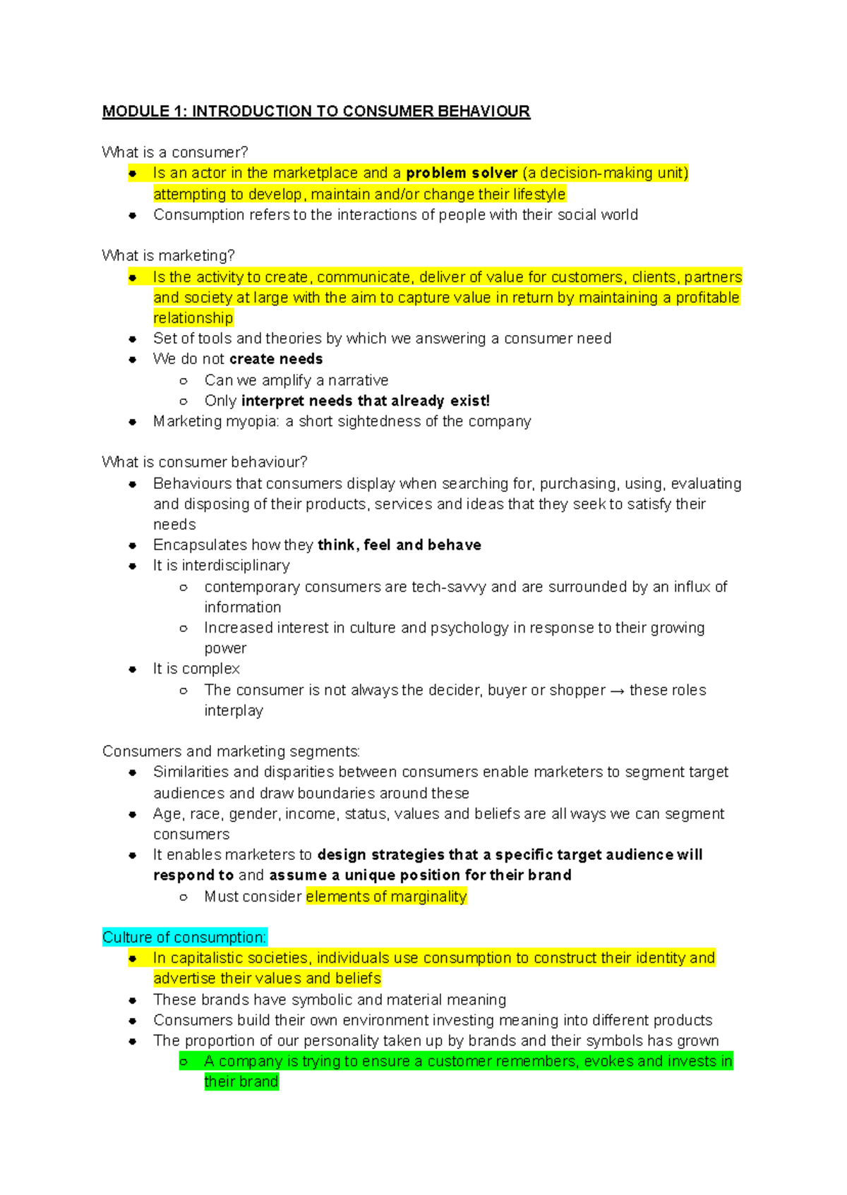 MKTG2000 1 Lecture Notes: Understanding Consumer Behavior Insights ...