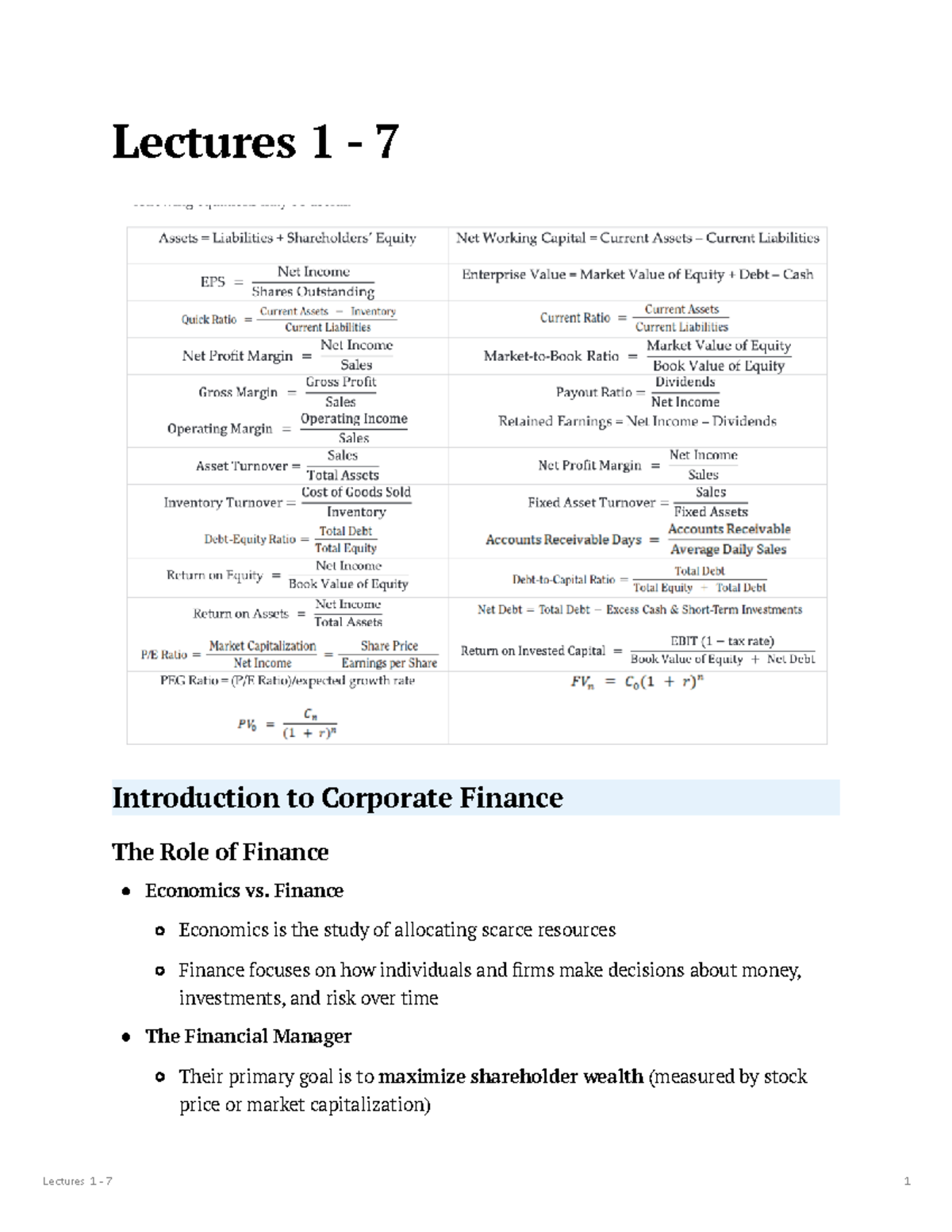 Lectures 1-7: Introduction to Corporate Finance Concepts - Studocu
