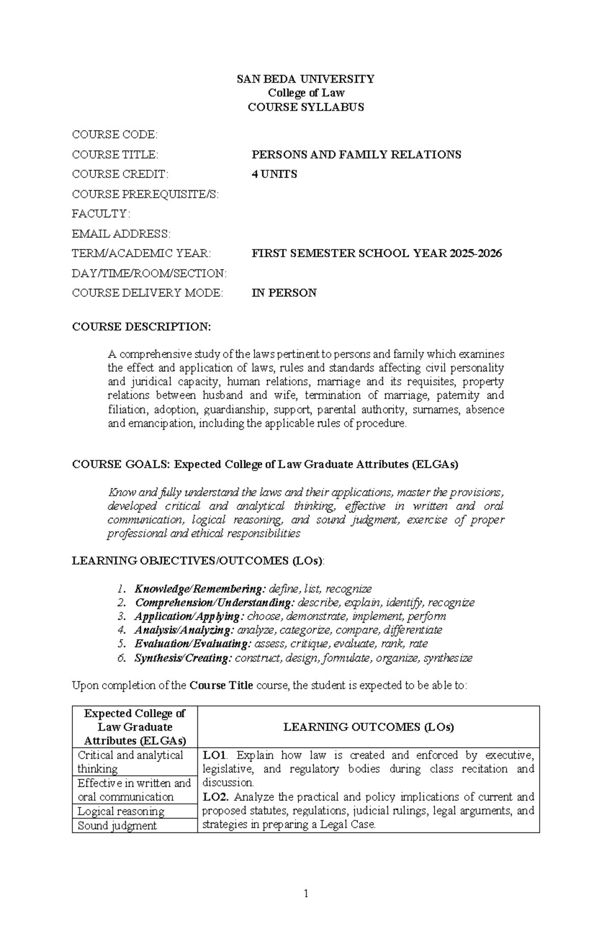 Persons and Family Relations Syllabus (Course Code: LAW 101) 2025-2026 ...